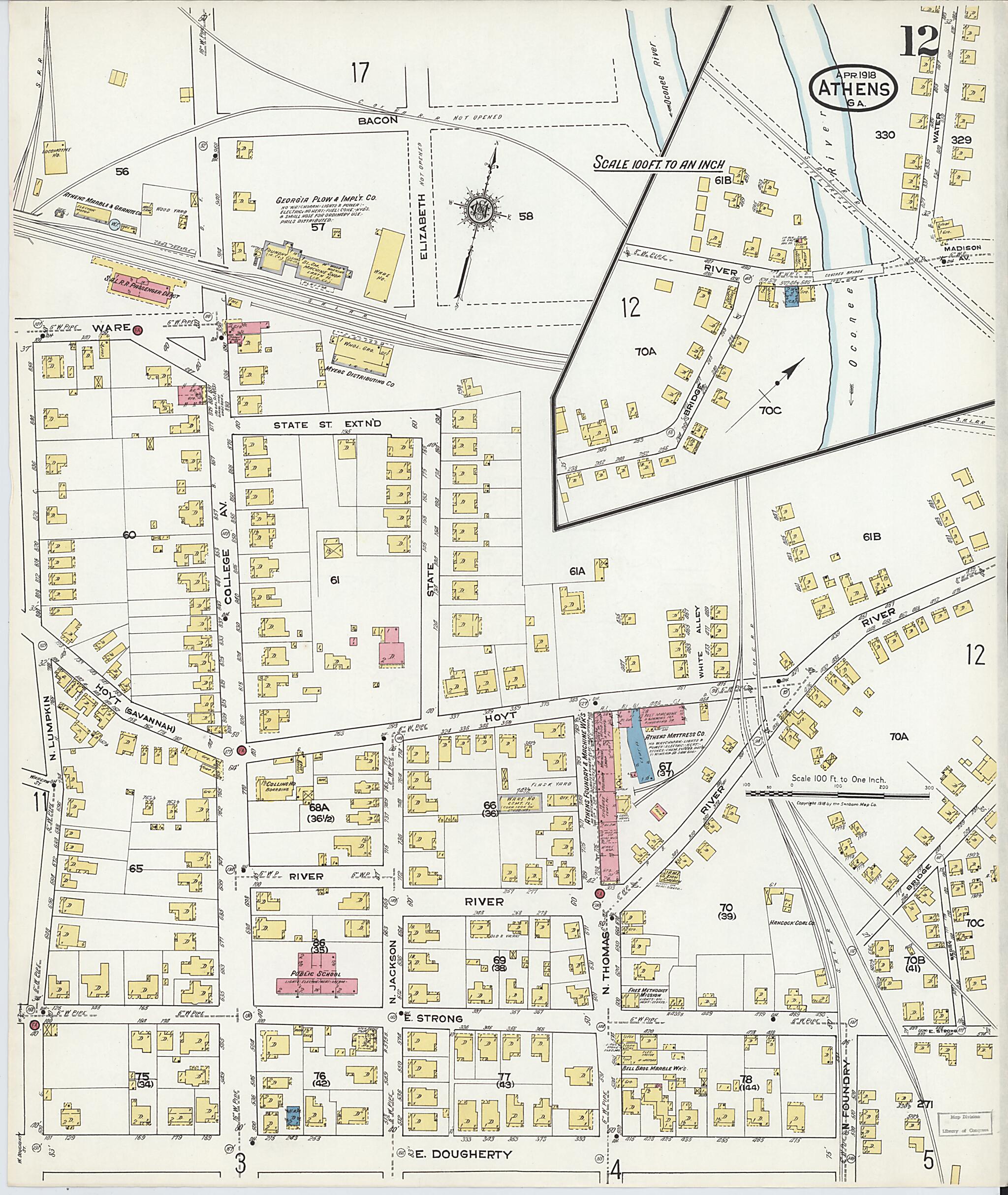 This old map of Athens, Clarke County, Georgia was created by Sanborn Map Company in 1918