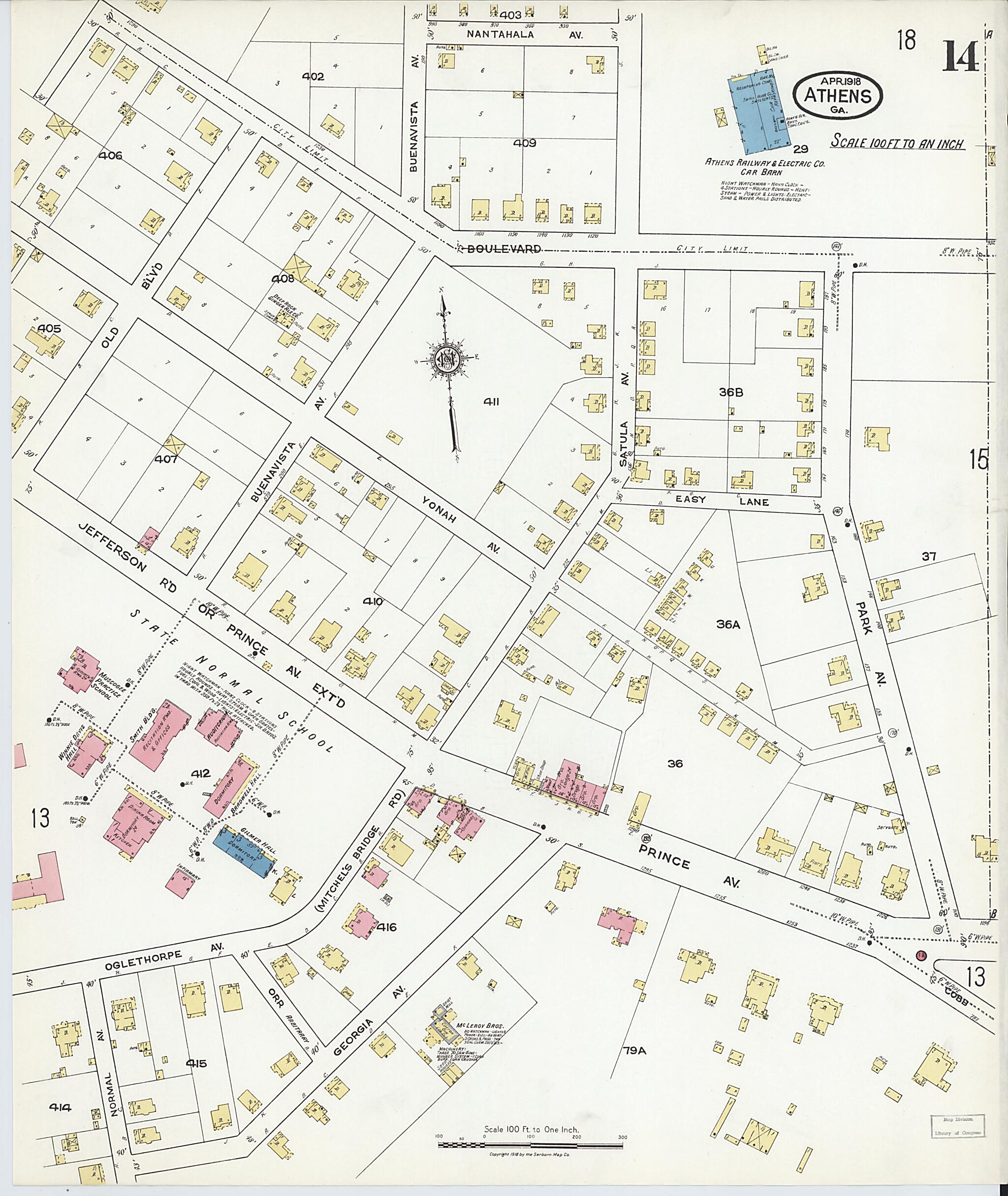 This old map of Athens, Clarke County, Georgia was created by Sanborn Map Company in 1918