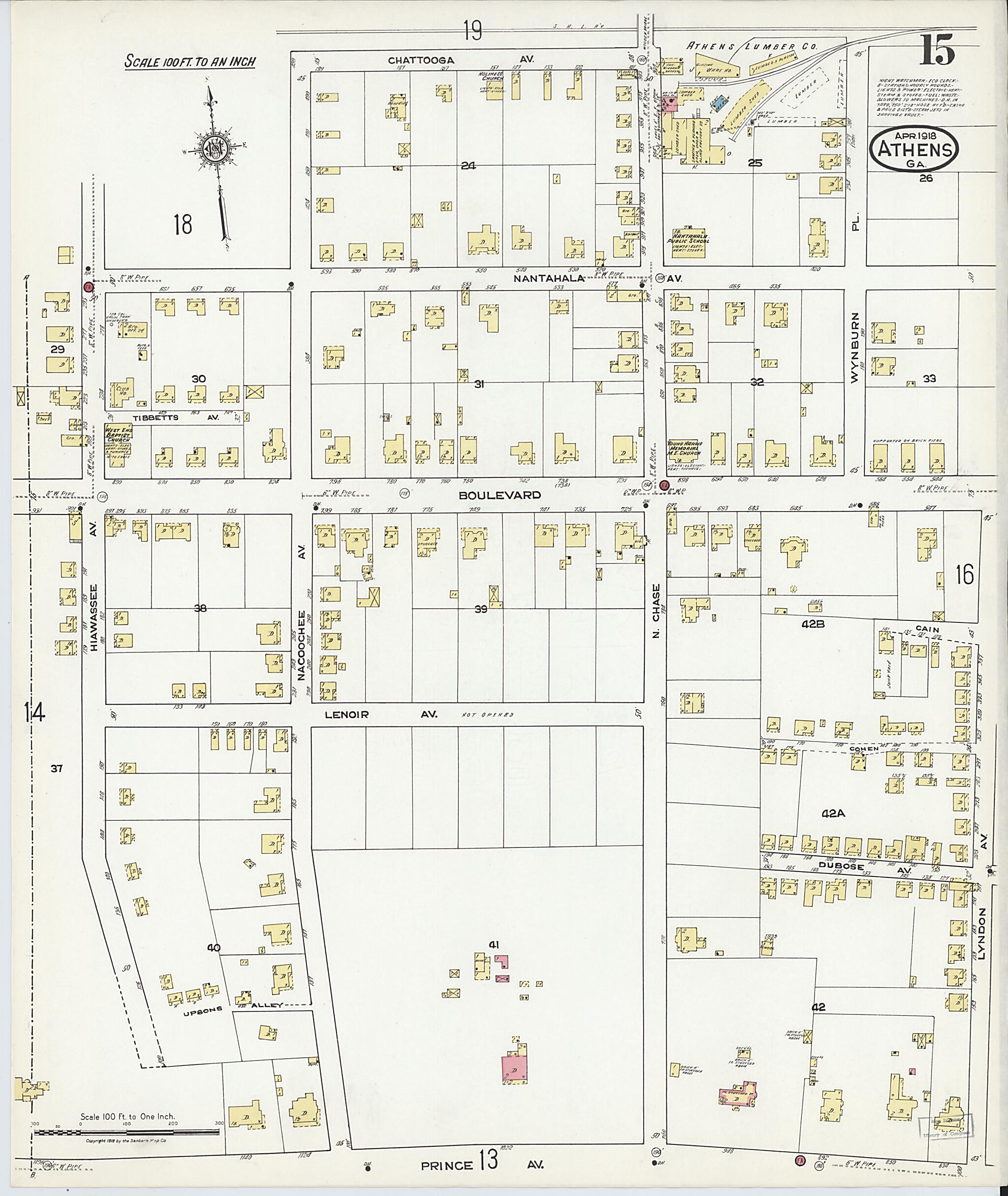 This old map of Athens, Clarke County, Georgia was created by Sanborn Map Company in 1918