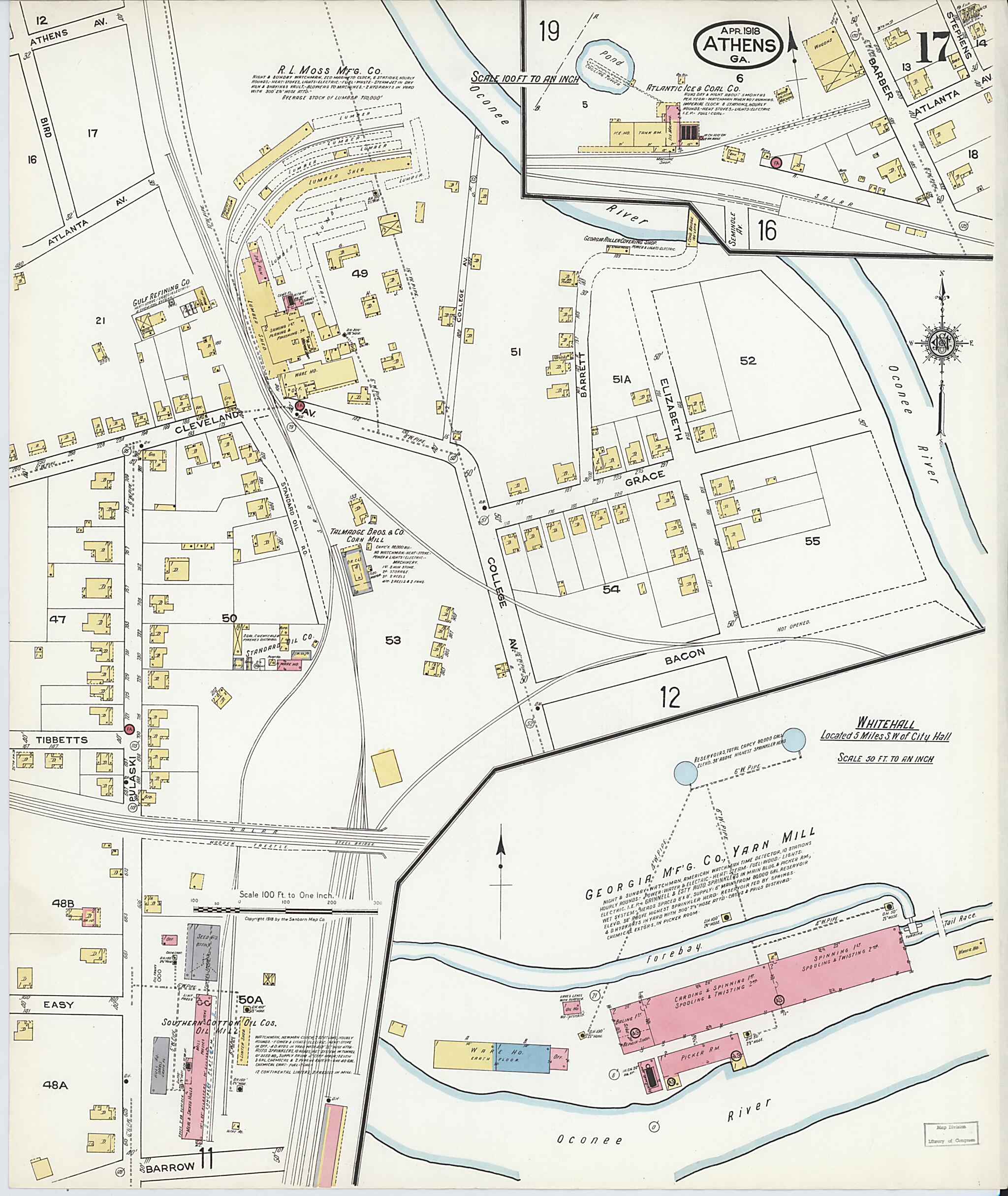 This old map of Athens, Clarke County, Georgia was created by Sanborn Map Company in 1918