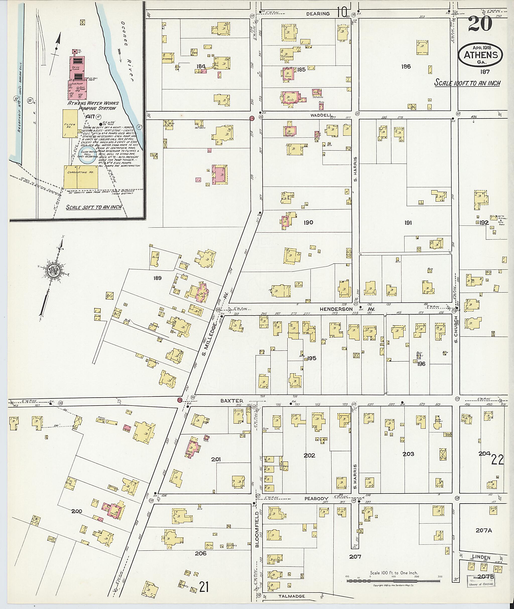 This old map of Athens, Clarke County, Georgia was created by Sanborn Map Company in 1918