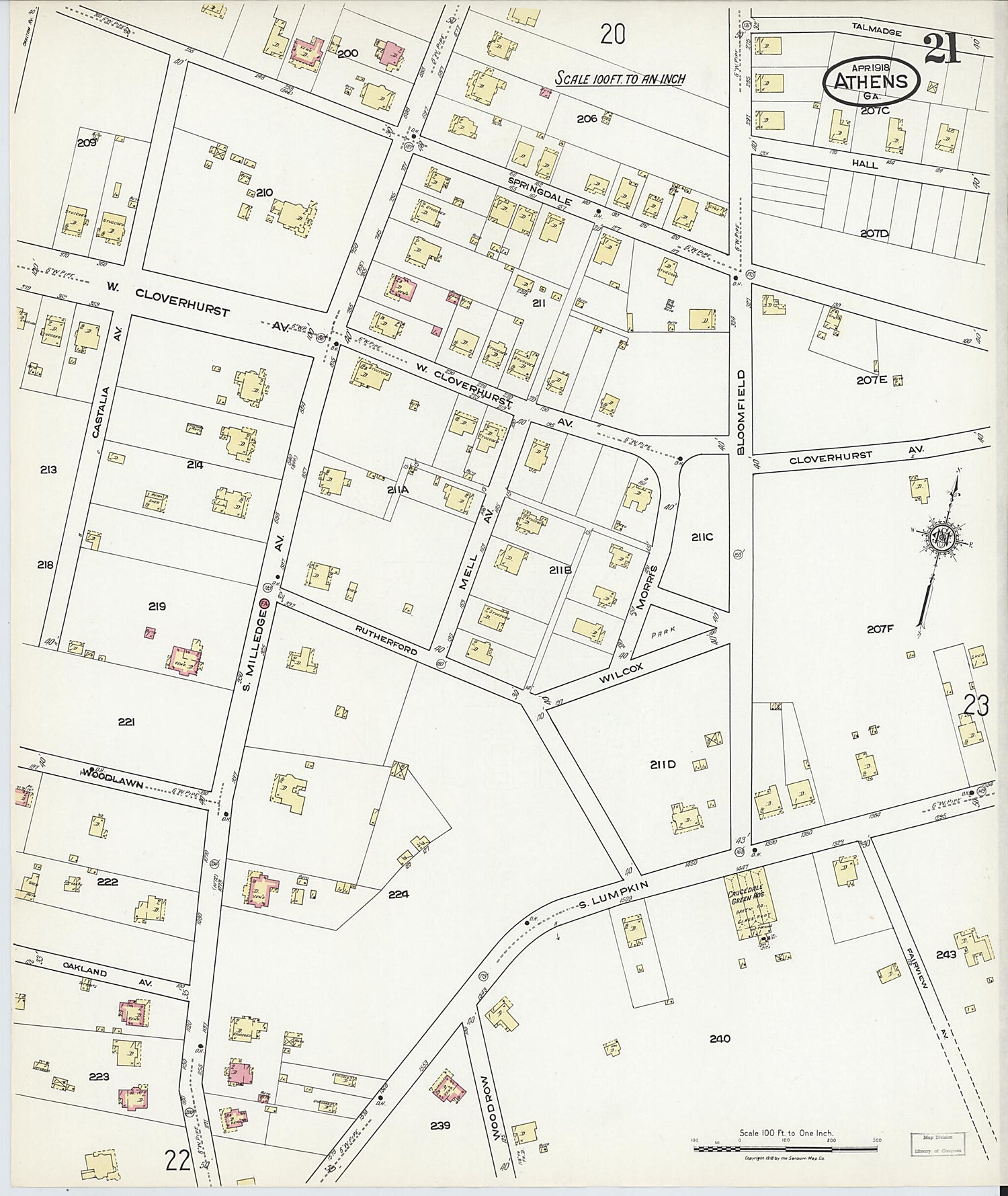 This old map of Athens, Clarke County, Georgia was created by Sanborn Map Company in 1918