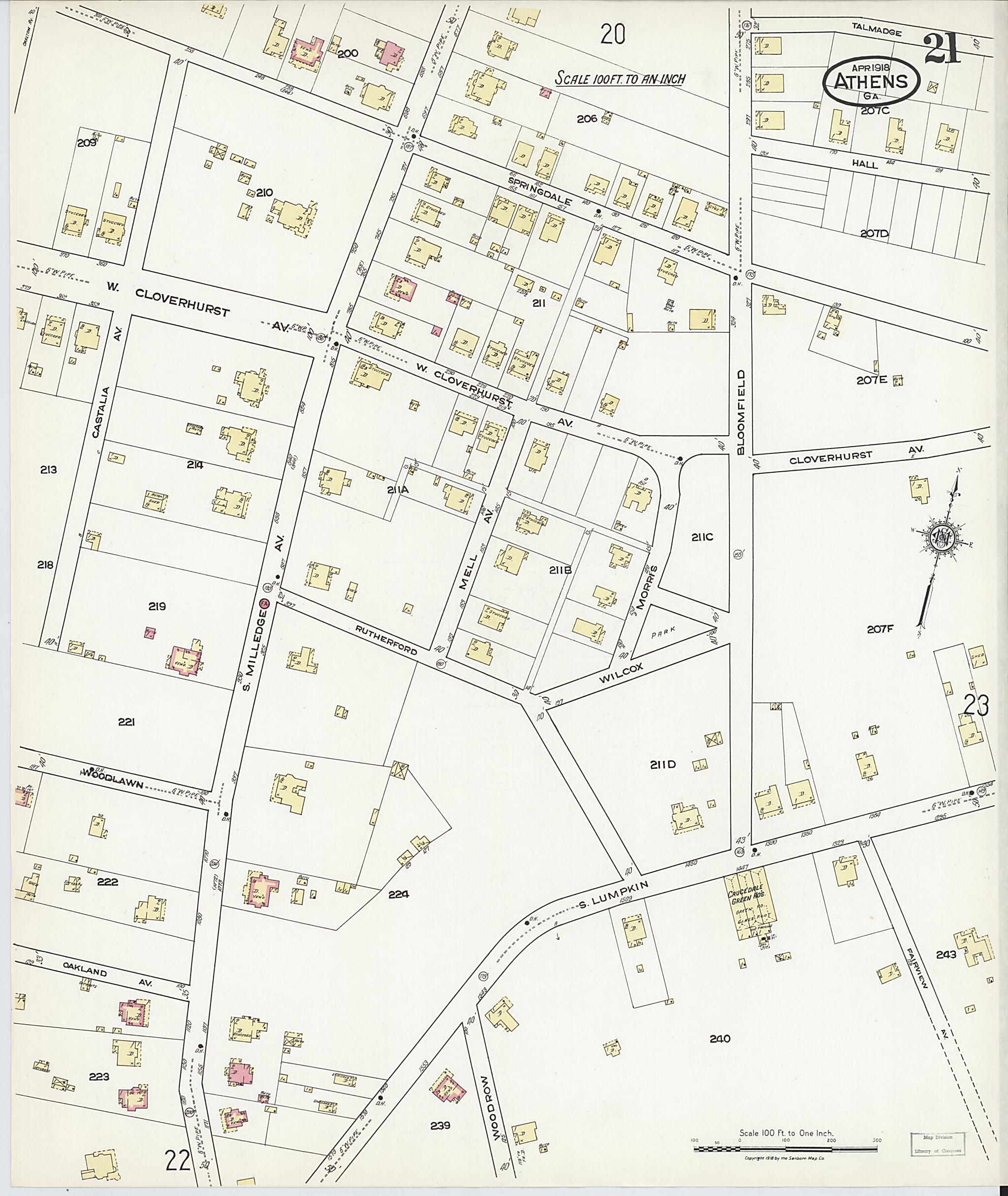 This old map of Athens, Clarke County, Georgia was created by Sanborn Map Company in 1918