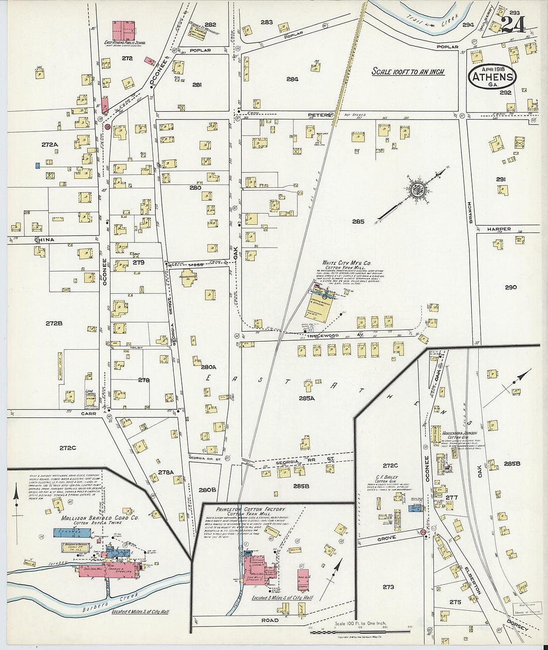 This old map of Athens, Clarke County, Georgia was created by Sanborn Map Company in 1918