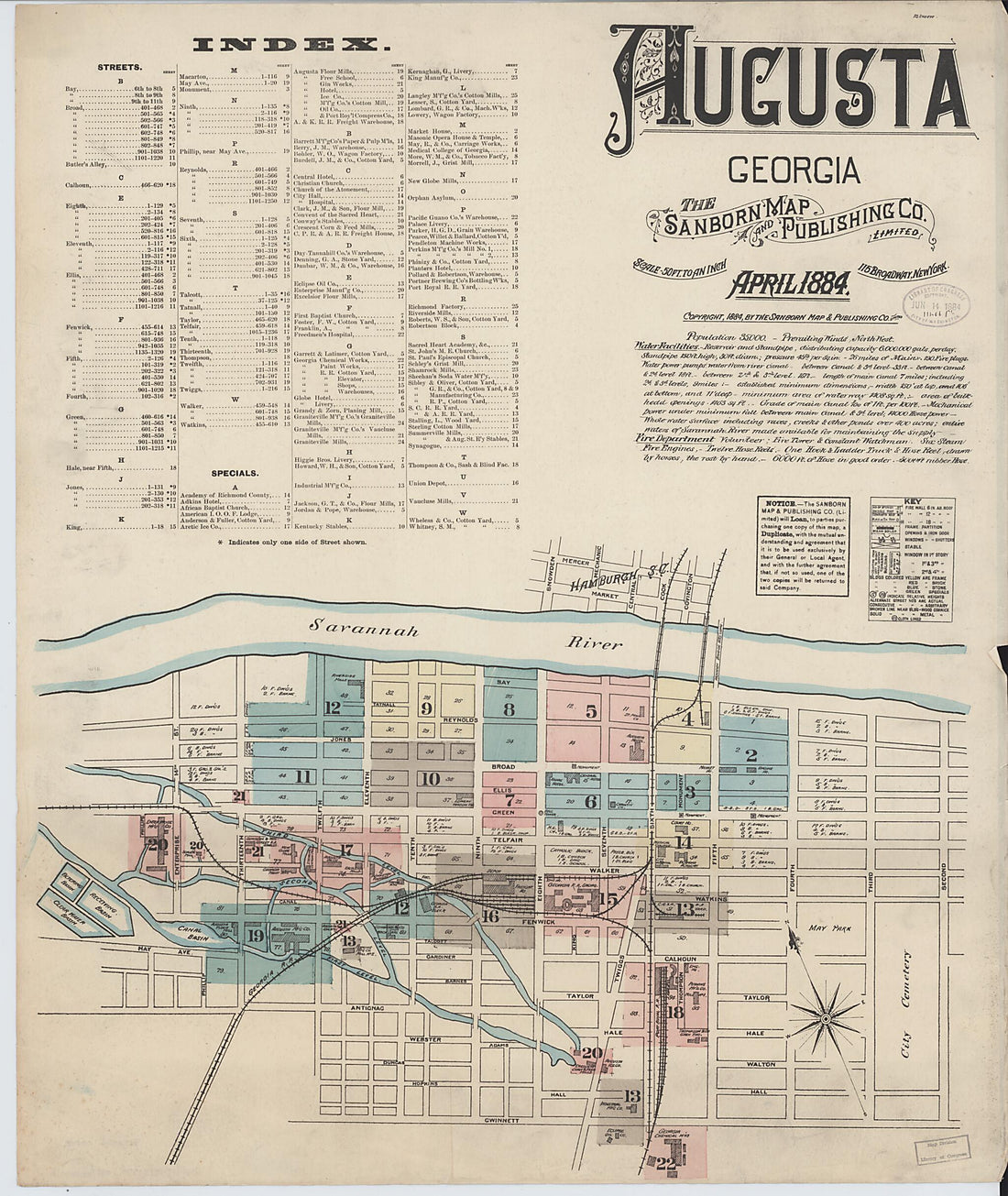 This old map of Augusta, Richmond County, Georgia was created by Sanborn Map Company in 1884