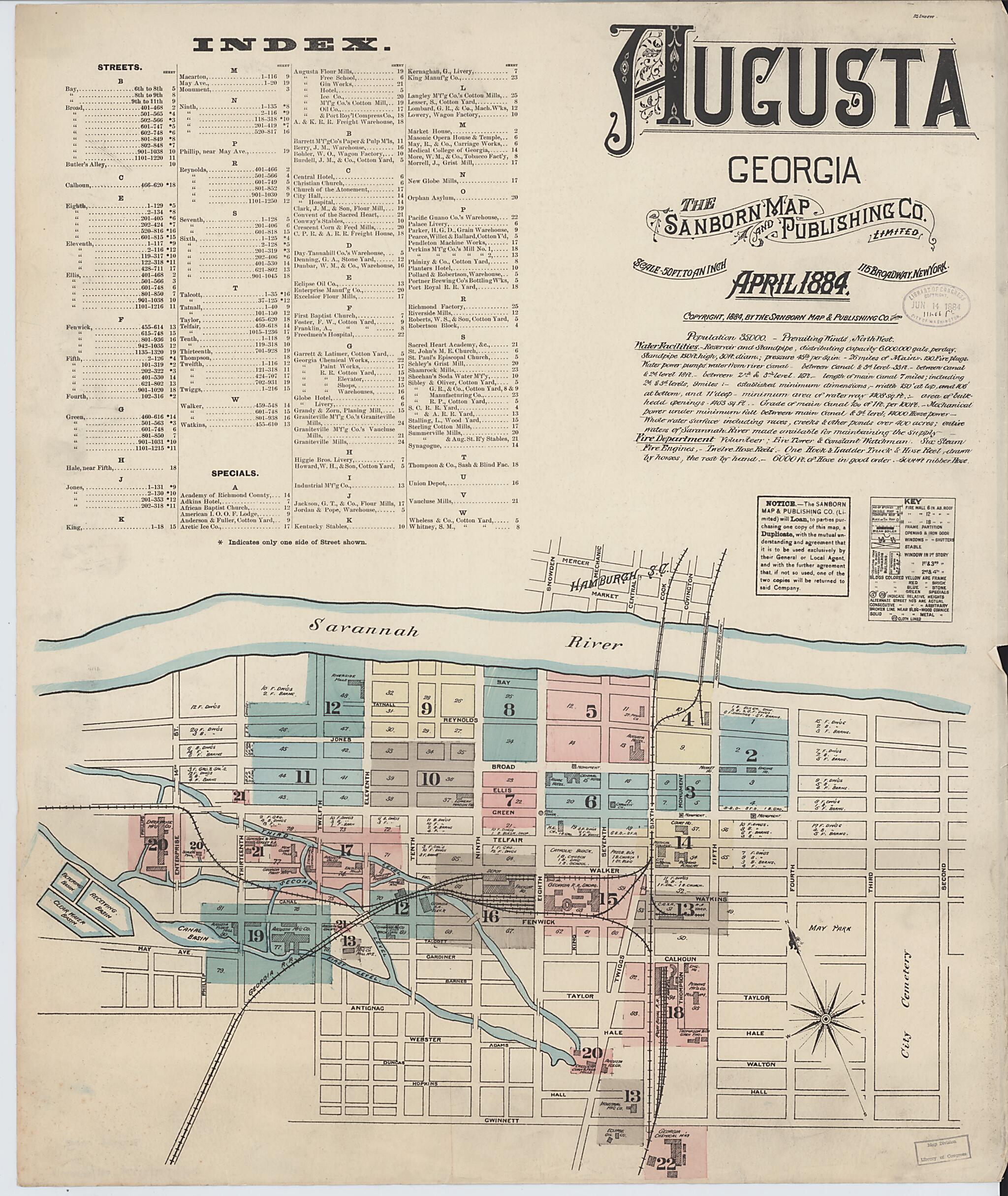 This old map of Augusta, Richmond County, Georgia was created by Sanborn Map Company in 1884