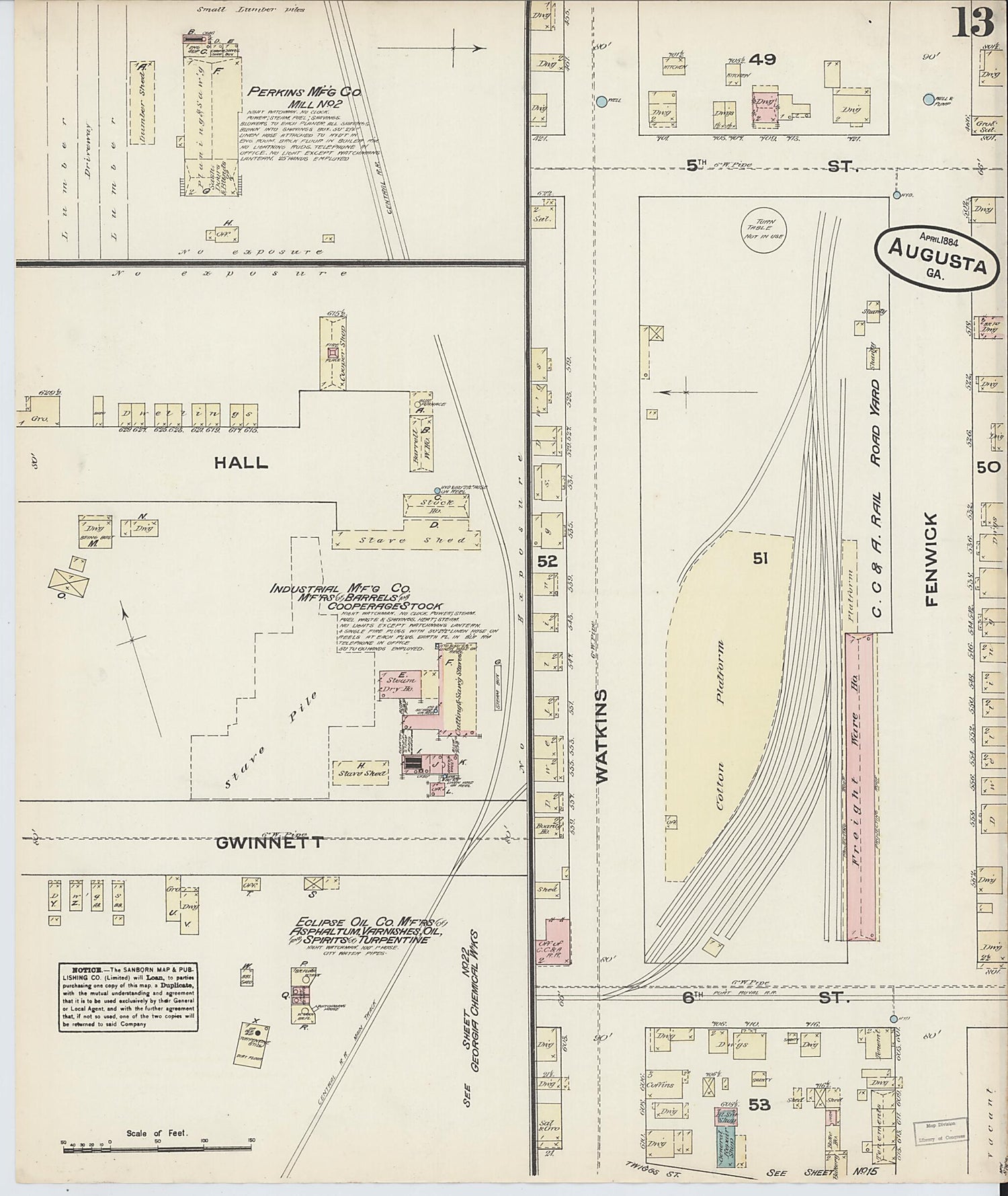 This old map of Augusta, Richmond County, Georgia was created by Sanborn Map Company in 1884