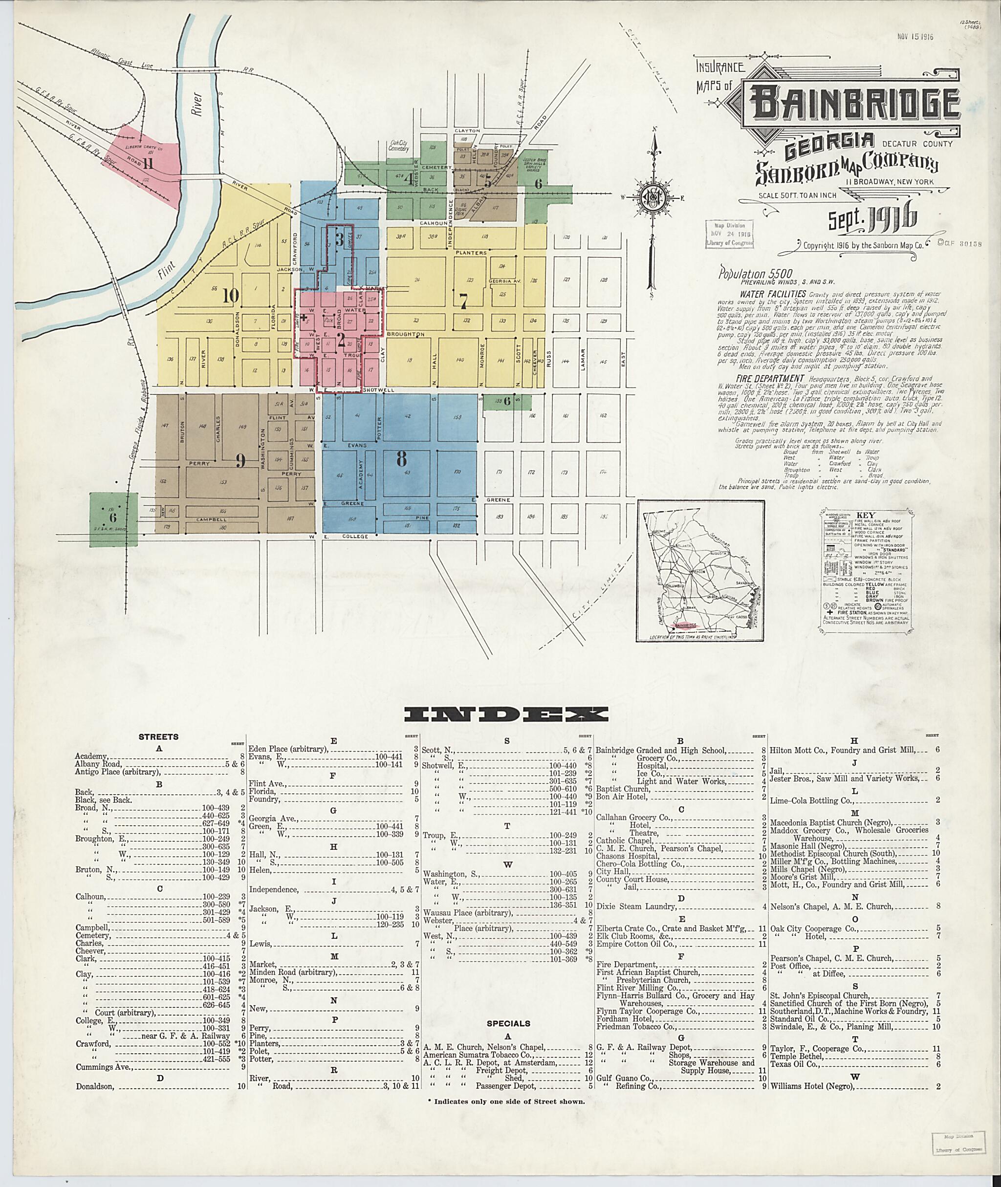 This old map of Bainbridge, Decatur County, Georgia was created by Sanborn Map Company in 1916