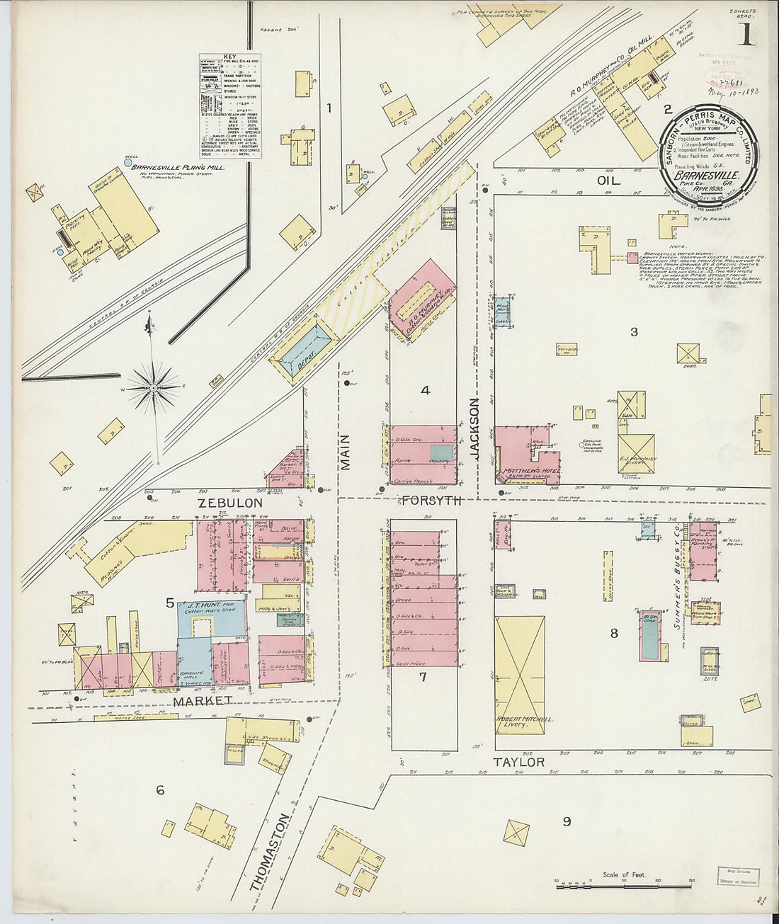 This old map of Barnesville, Lamar County, Georgia was created by Sanborn Map Company in 1893