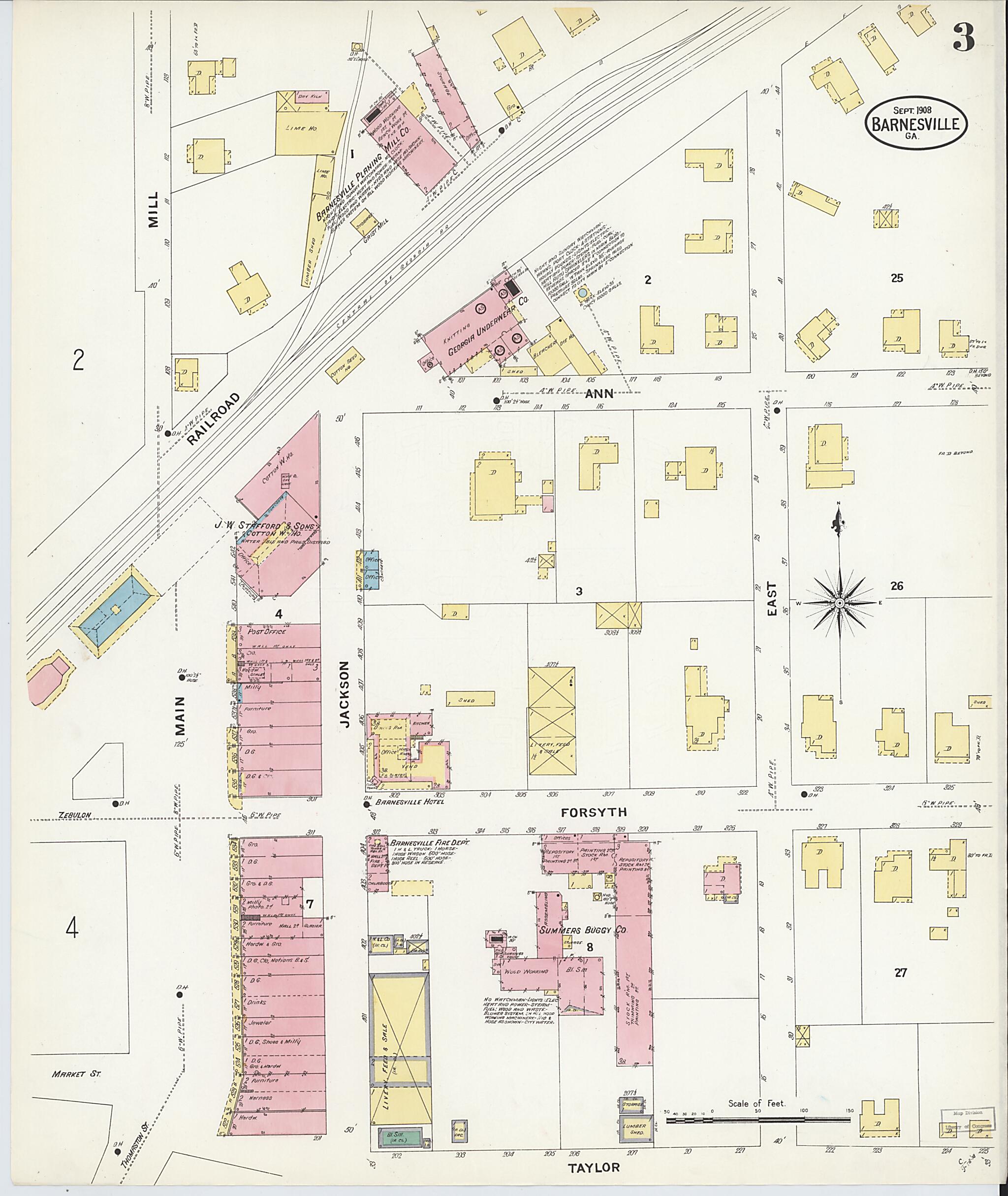 This old map of Barnesville, Lamar County, Georgia was created by Sanborn Map Company in 1908