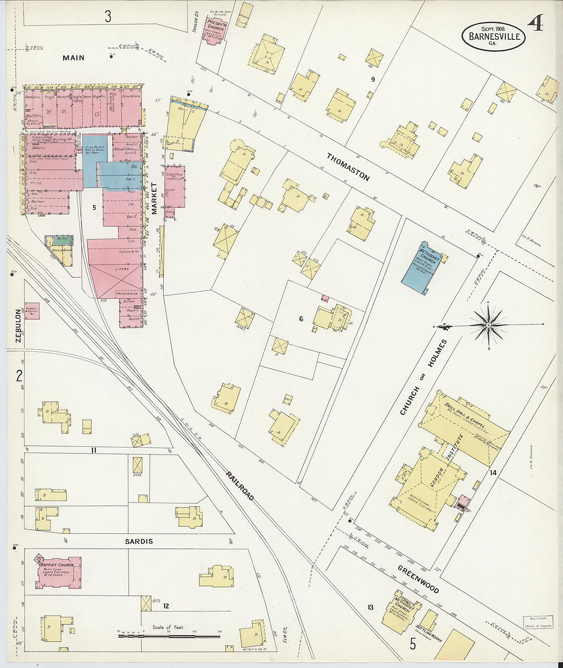 This old map of Barnesville, Lamar County, Georgia was created by Sanborn Map Company in 1908