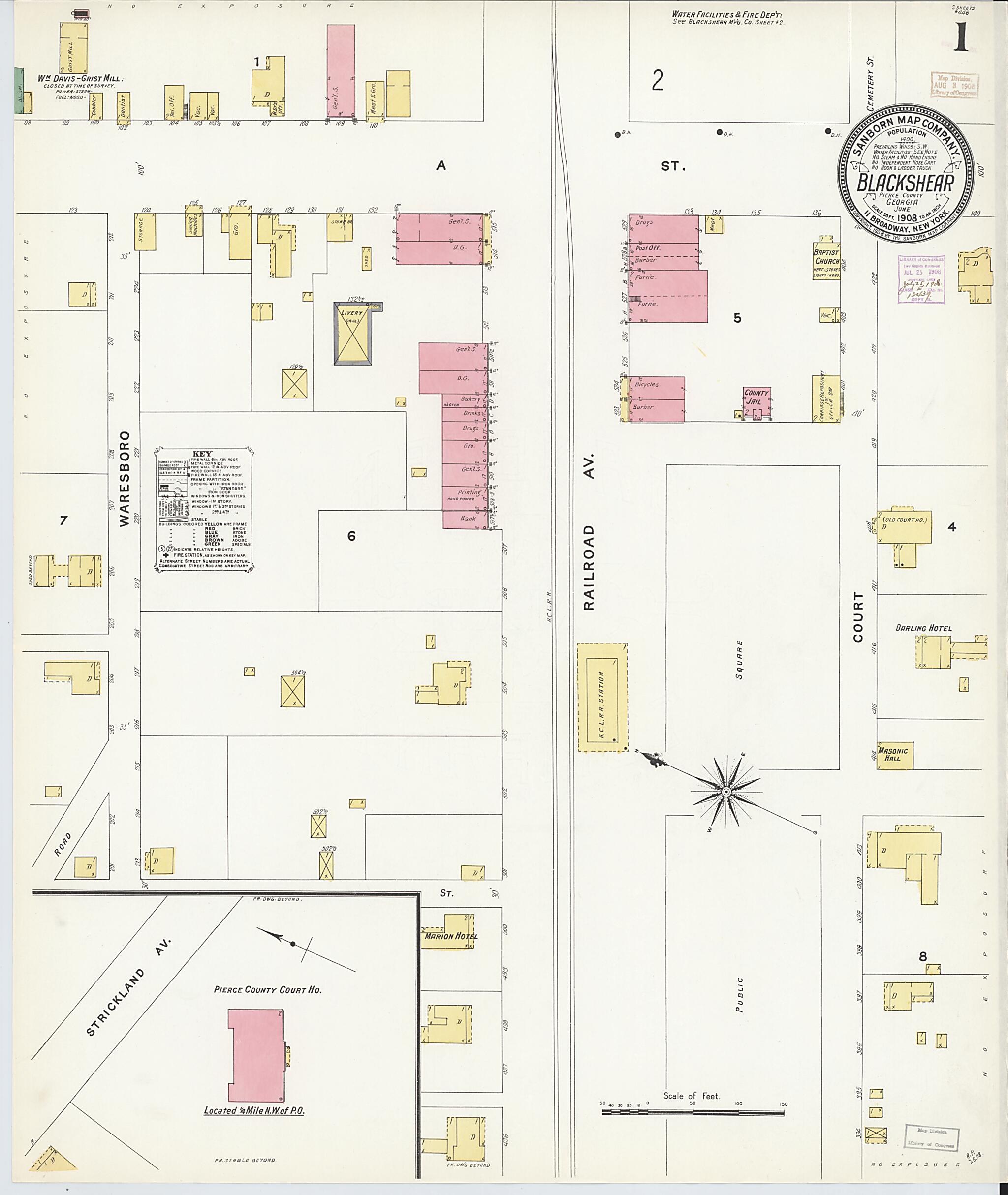 This old map of Blackshear, Pierce County, Georgia was created by Sanborn Map Company in 1908