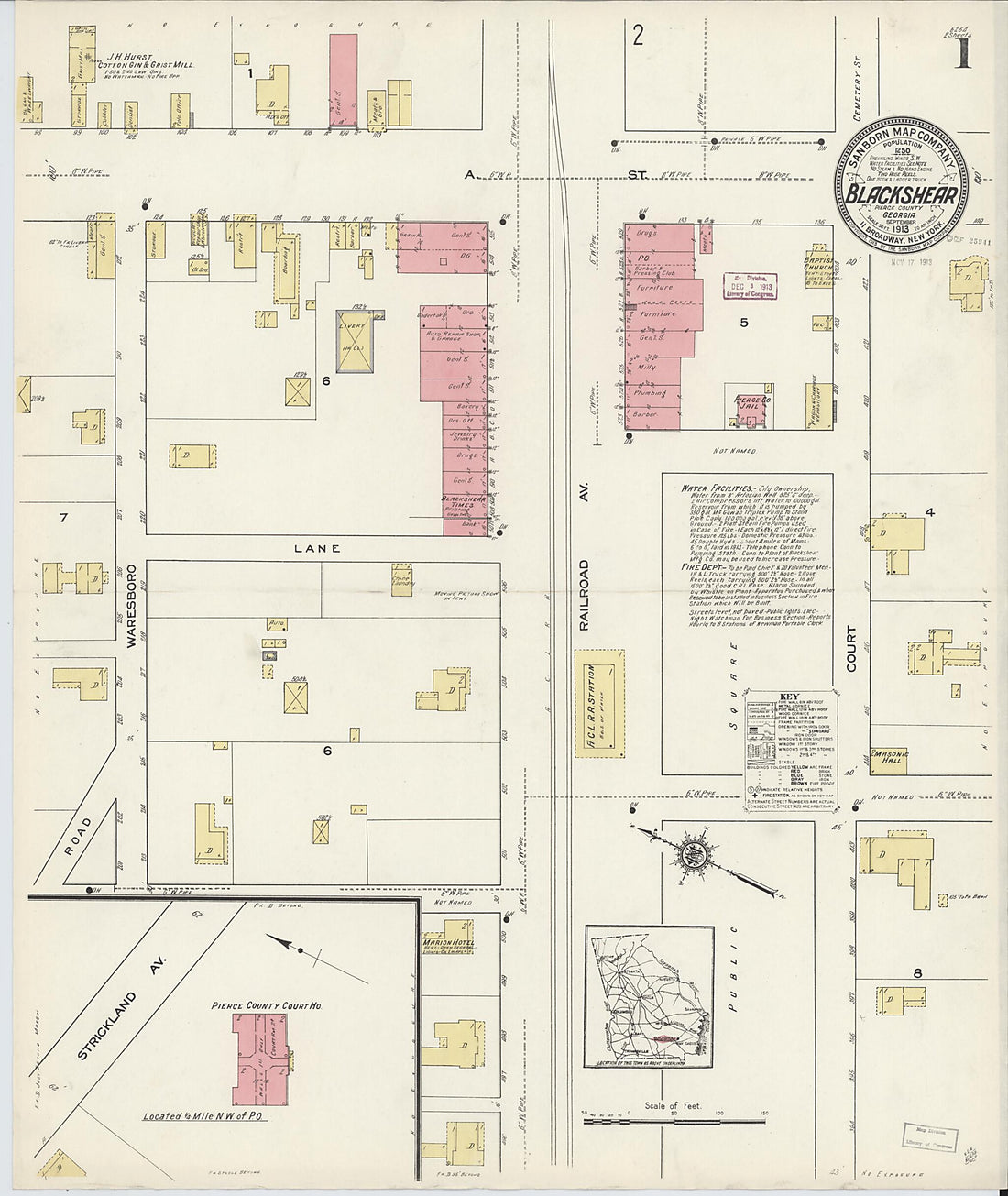 This old map of Blackshear, Pierce County, Georgia was created by Sanborn Map Company in 1913