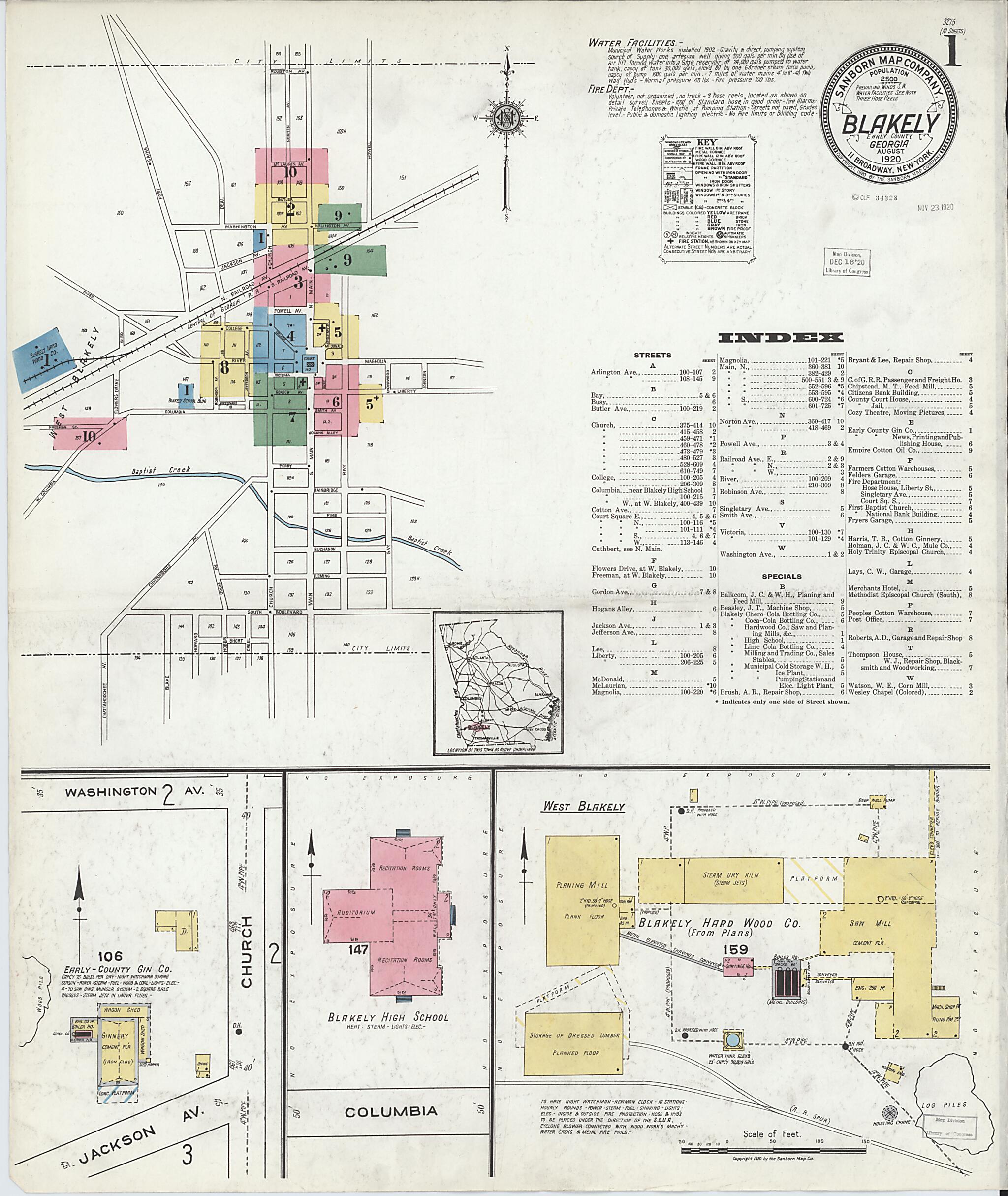 This old map of Blakely, Early County, Georgia was created by Sanborn Map Company in 1920