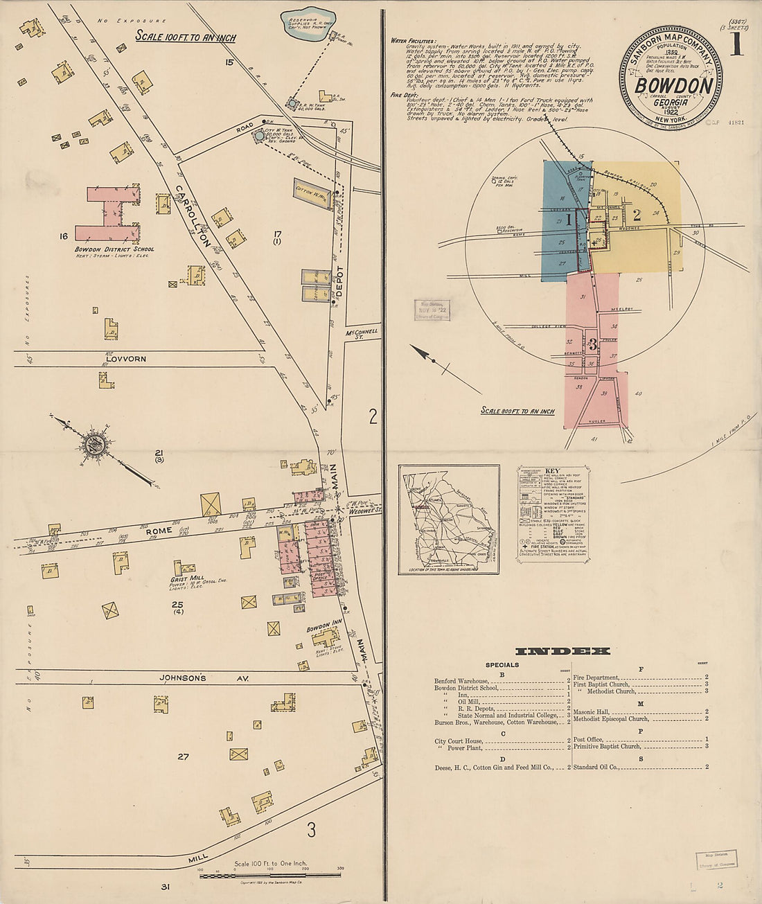 This old map of Bowdon, Carroll County, Georgia was created by Sanborn Map Company in 1922