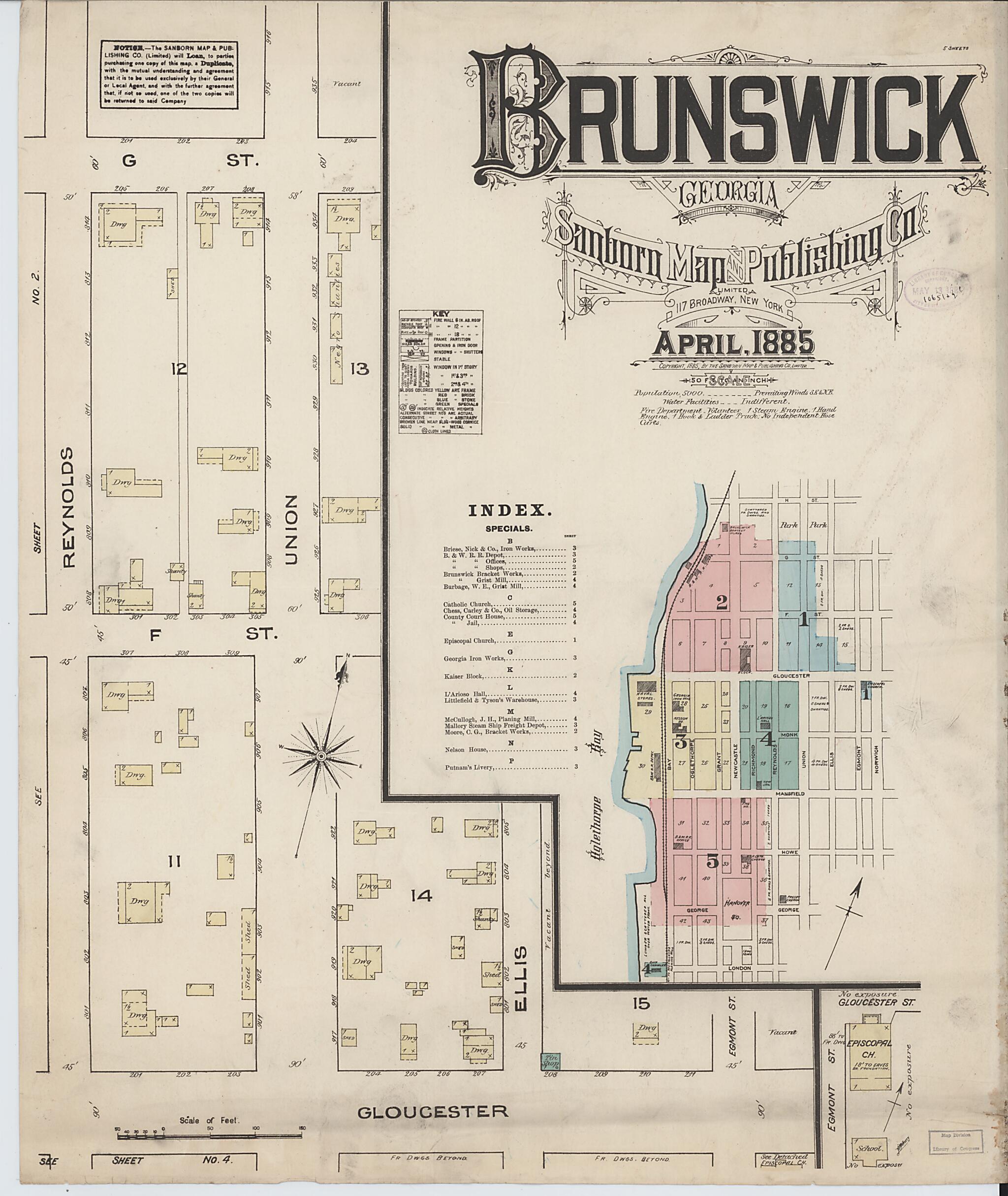 This old map of Brunswick, Glynn County, Georgia was created by Sanborn Map Company in 1885