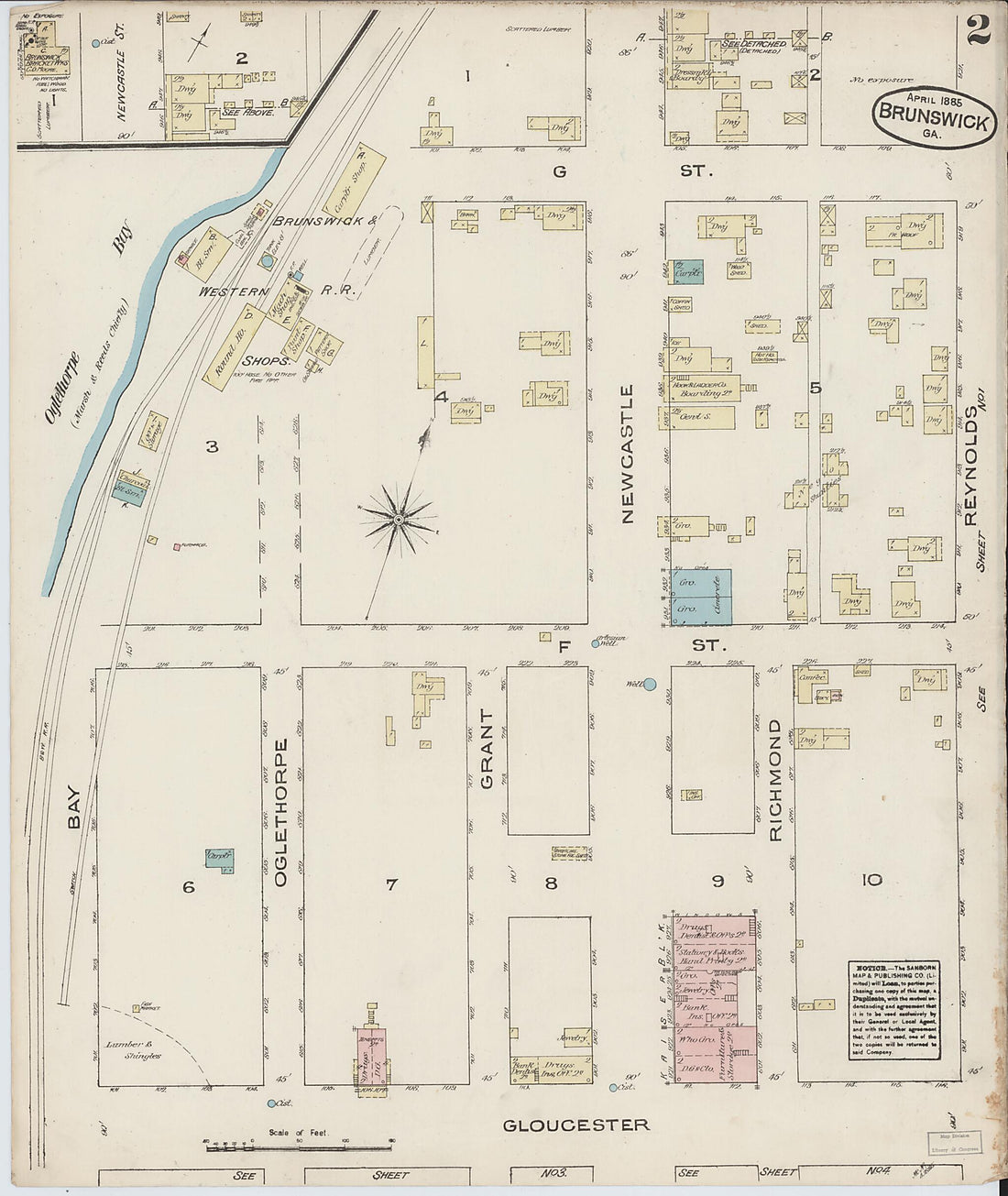 This old map of Brunswick, Glynn County, Georgia was created by Sanborn Map Company in 1885