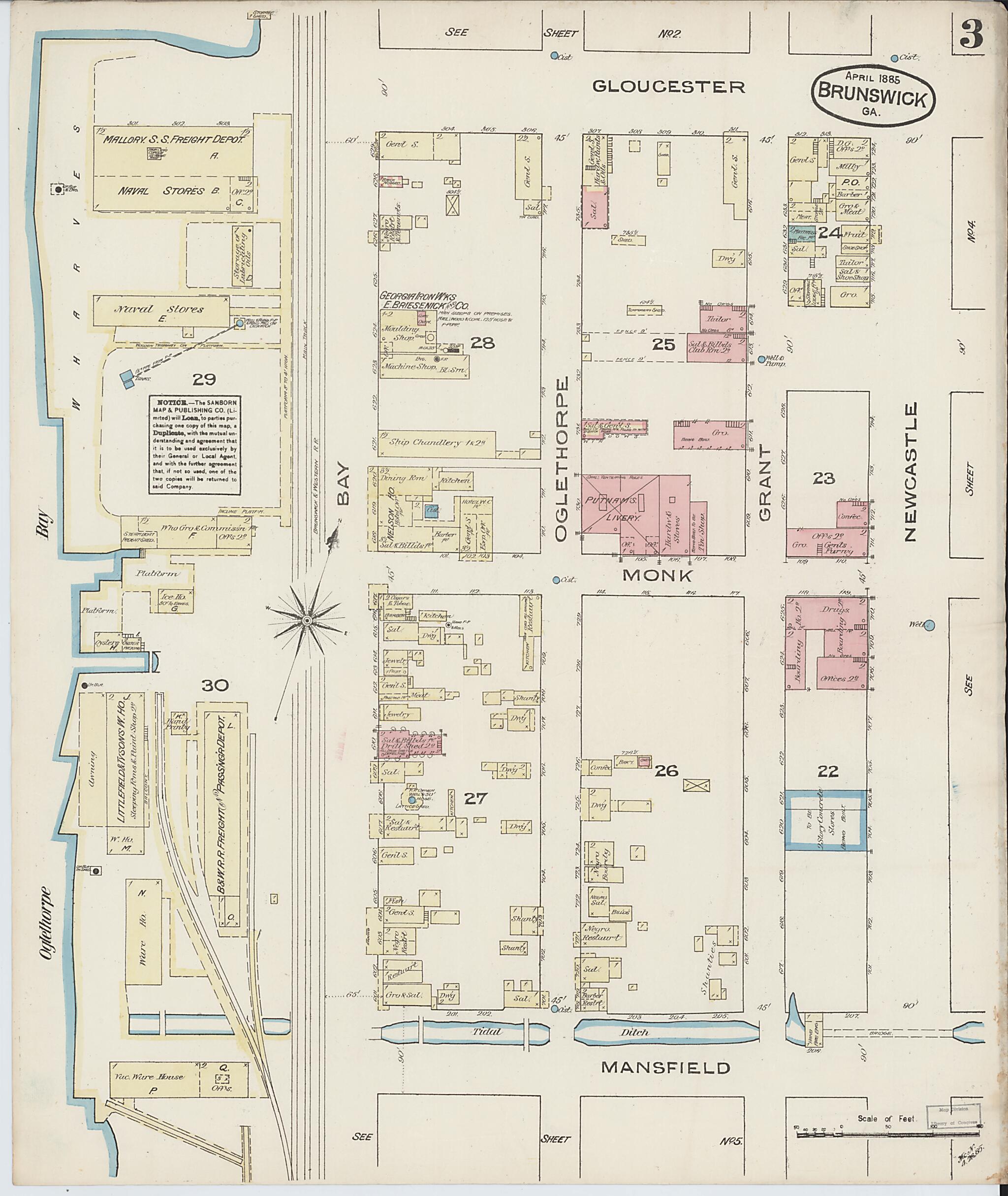 This old map of Brunswick, Glynn County, Georgia was created by Sanborn Map Company in 1885