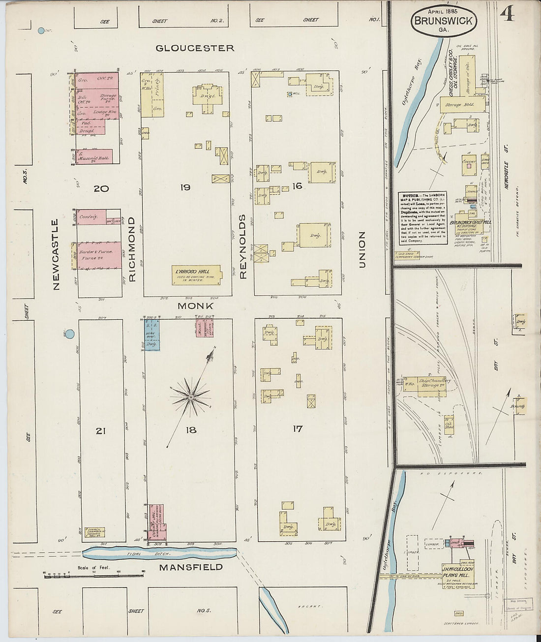 This old map of Brunswick, Glynn County, Georgia was created by Sanborn Map Company in 1885