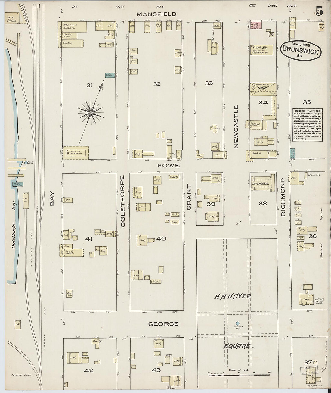 This old map of Brunswick, Glynn County, Georgia was created by Sanborn Map Company in 1885