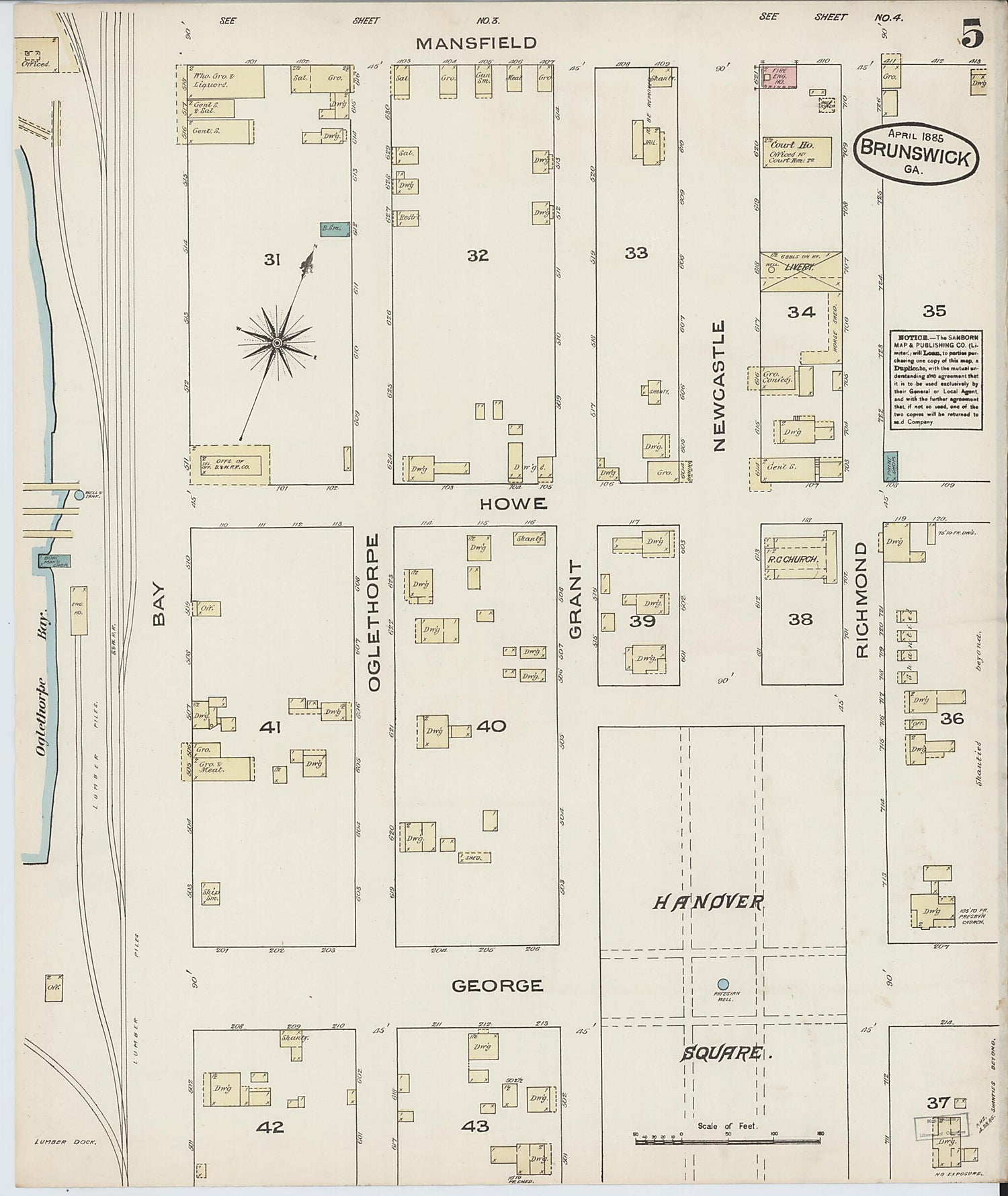 This old map of Brunswick, Glynn County, Georgia was created by Sanborn Map Company in 1885