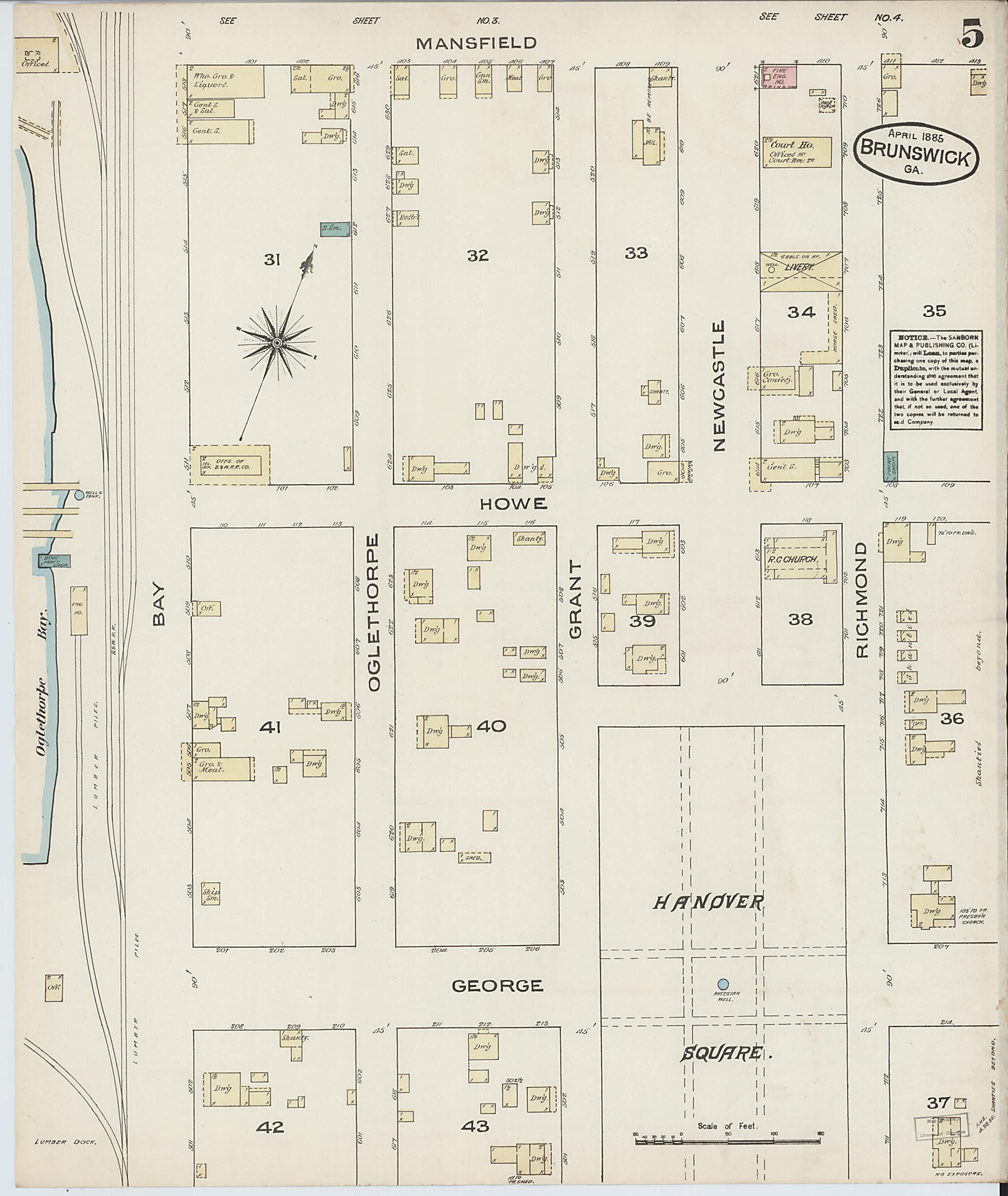 This old map of Brunswick, Glynn County, Georgia was created by Sanborn Map Company in 1885