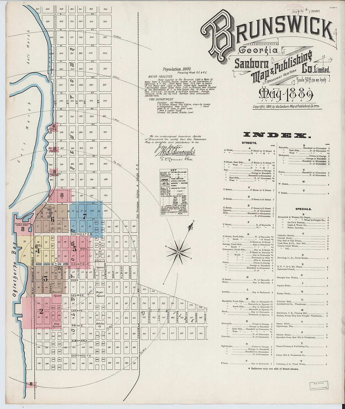 This old map of Brunswick, Glynn County, Georgia was created by Sanborn Map Company in 1889