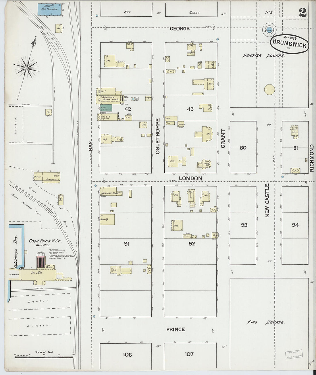 This old map of Brunswick, Glynn County, Georgia was created by Sanborn Map Company in 1889