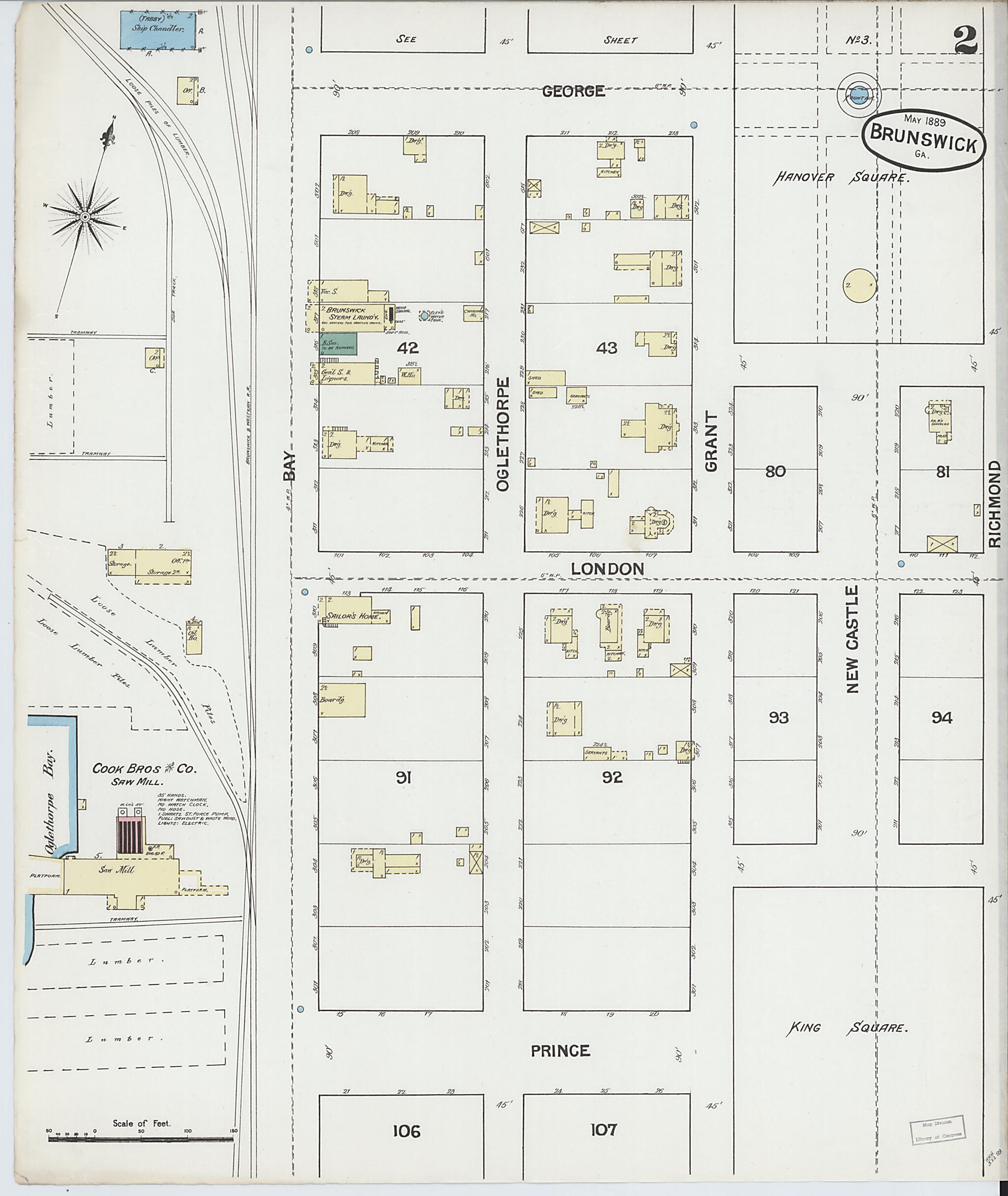 This old map of Brunswick, Glynn County, Georgia was created by Sanborn Map Company in 1889