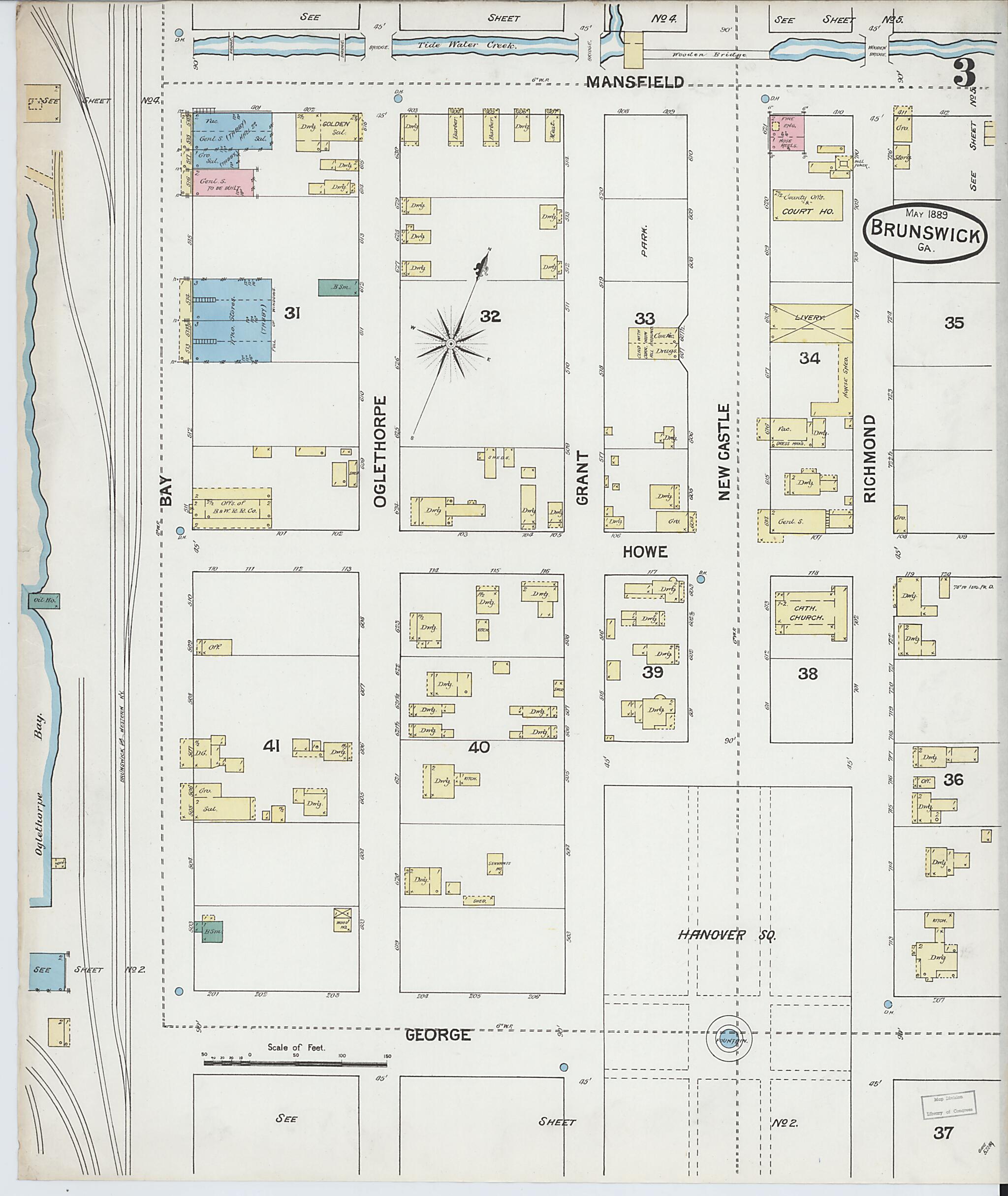 This old map of Brunswick, Glynn County, Georgia was created by Sanborn Map Company in 1889