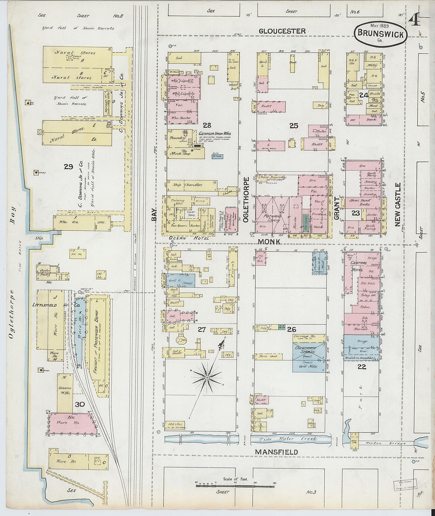 This old map of Brunswick, Glynn County, Georgia was created by Sanborn Map Company in 1889