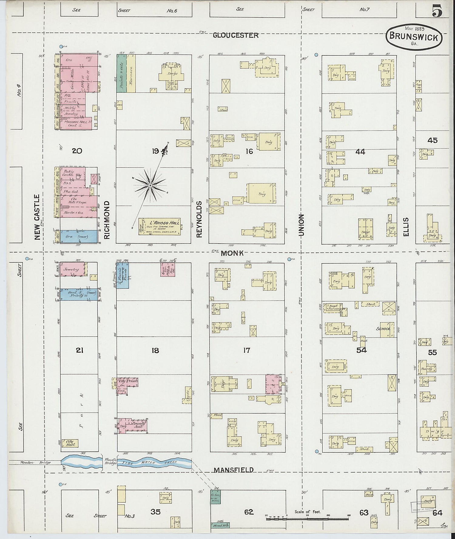 This old map of Brunswick, Glynn County, Georgia was created by Sanborn Map Company in 1889