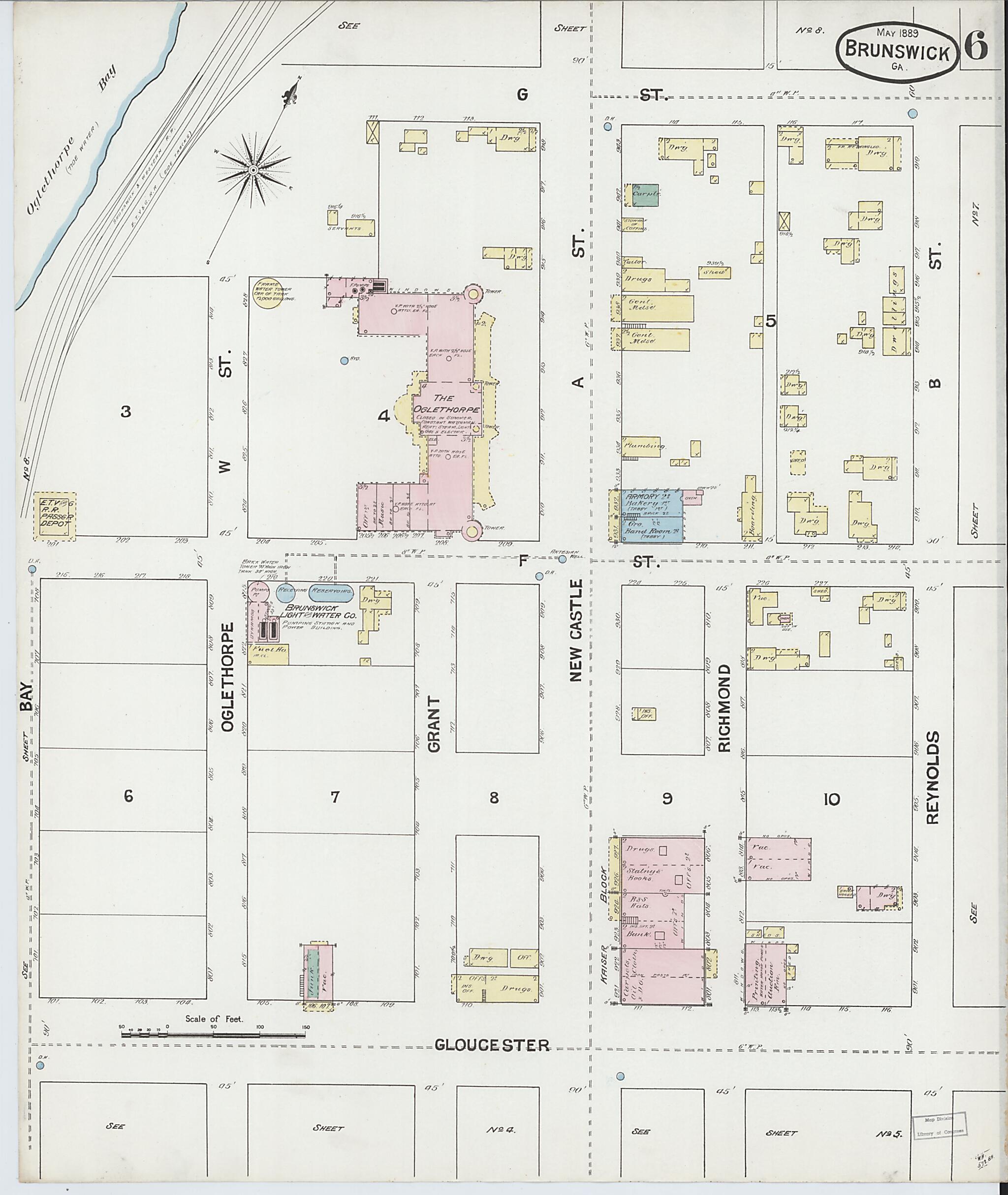 This old map of Brunswick, Glynn County, Georgia was created by Sanborn Map Company in 1889