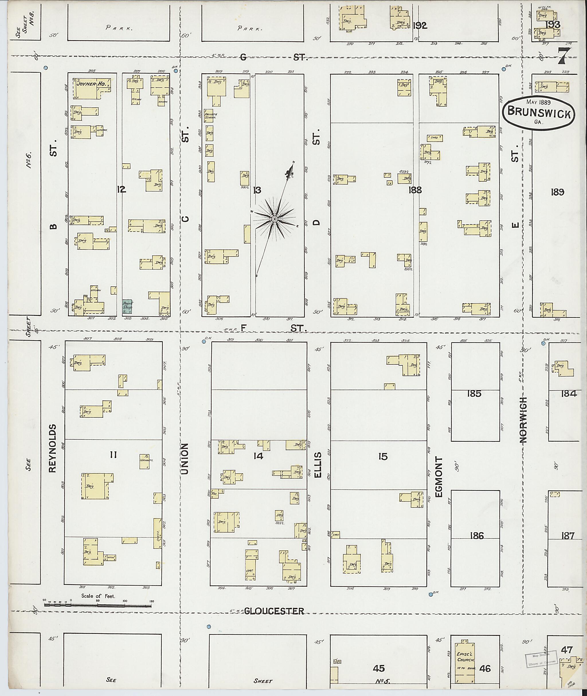 This old map of Brunswick, Glynn County, Georgia was created by Sanborn Map Company in 1889