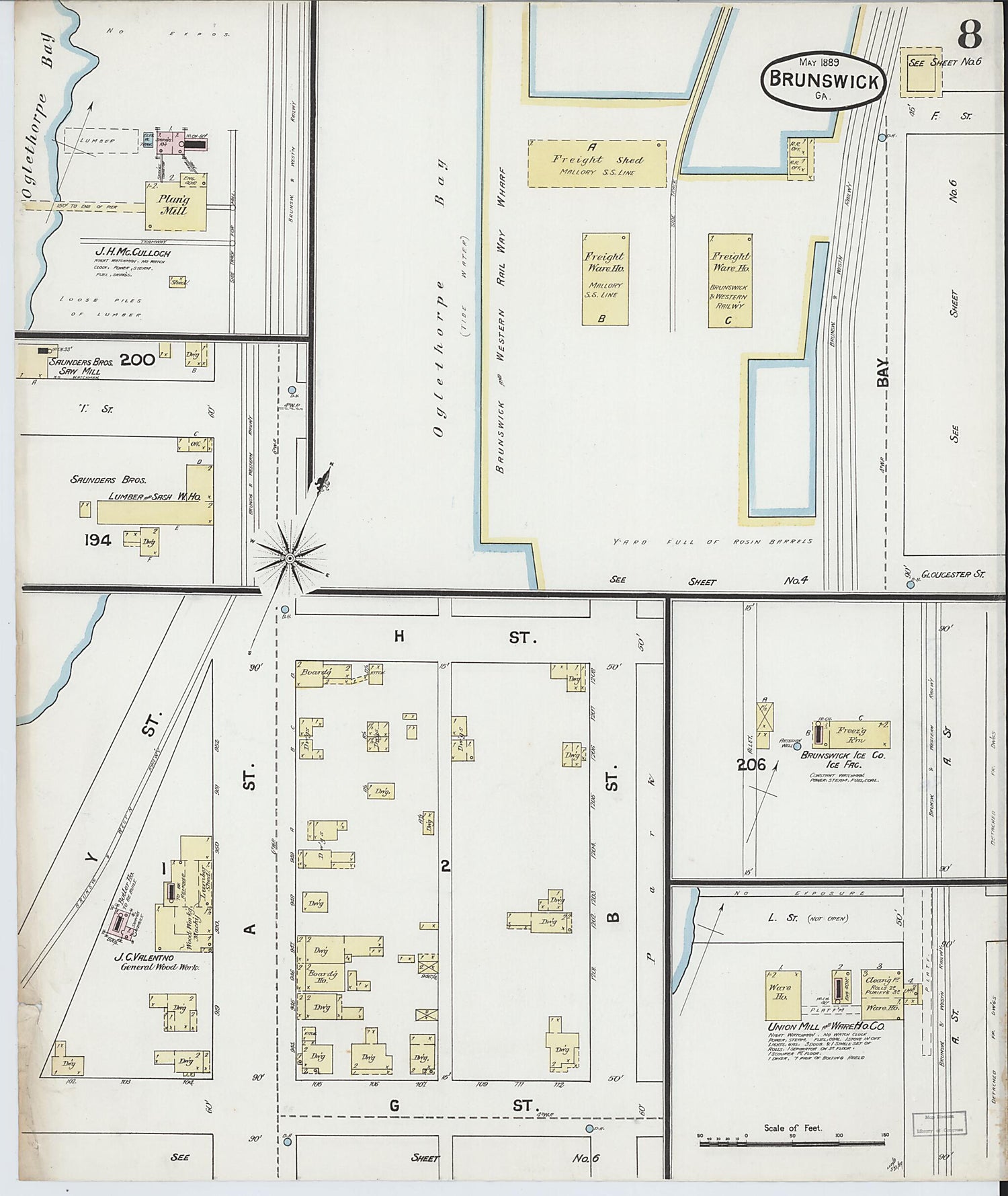 This old map of Brunswick, Glynn County, Georgia was created by Sanborn Map Company in 1889