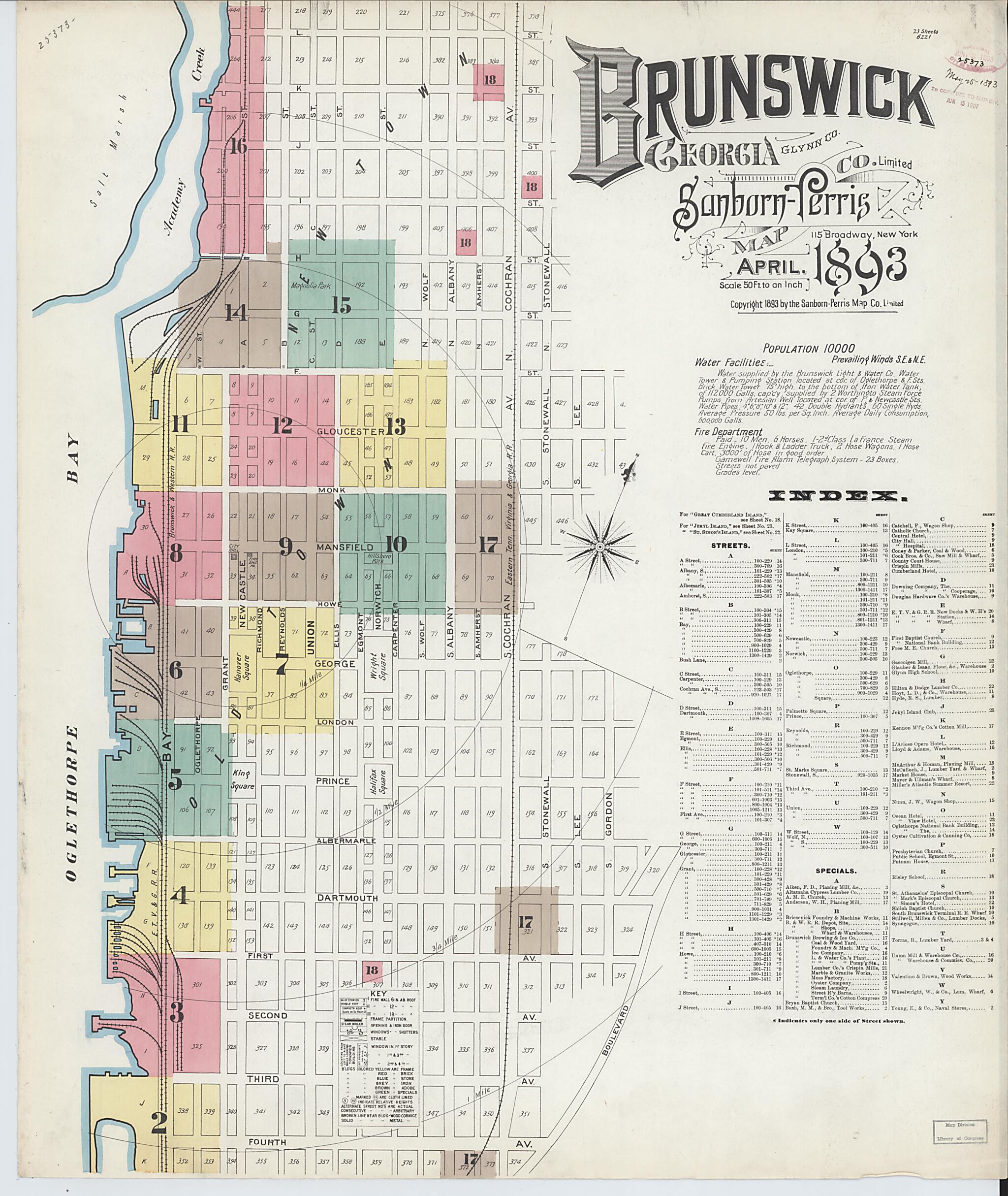 This old map of Brunswick, Glynn County, Georgia was created by Sanborn Map Company in 1893