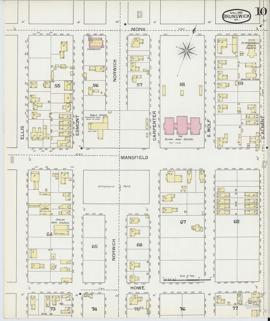 This old map of Brunswick, Glynn County, Georgia was created by Sanborn Map Company in 1893