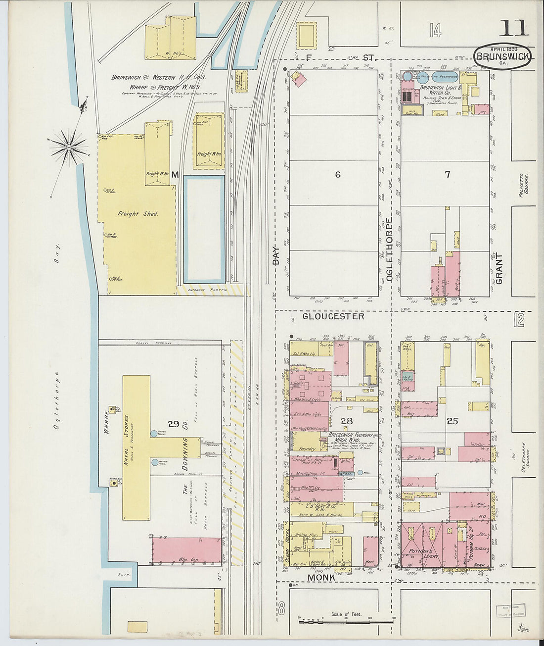 This old map of Brunswick, Glynn County, Georgia was created by Sanborn Map Company in 1893