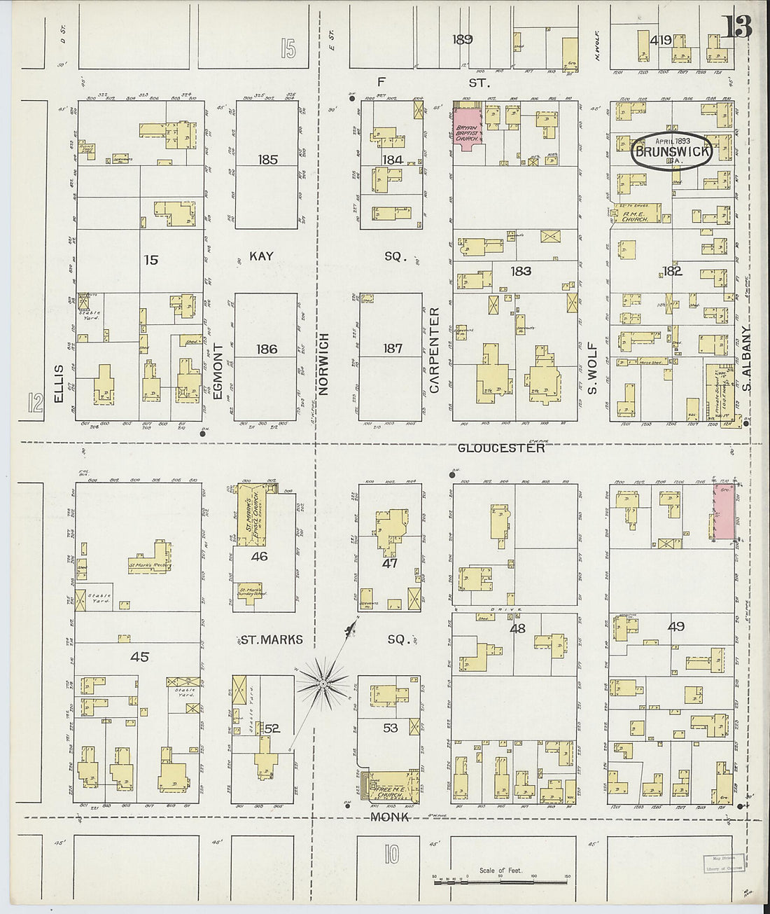 This old map of Brunswick, Glynn County, Georgia was created by Sanborn Map Company in 1893