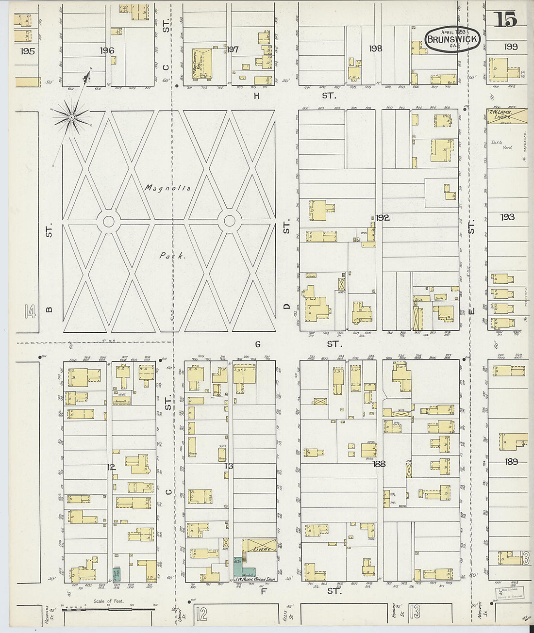 This old map of Brunswick, Glynn County, Georgia was created by Sanborn Map Company in 1893