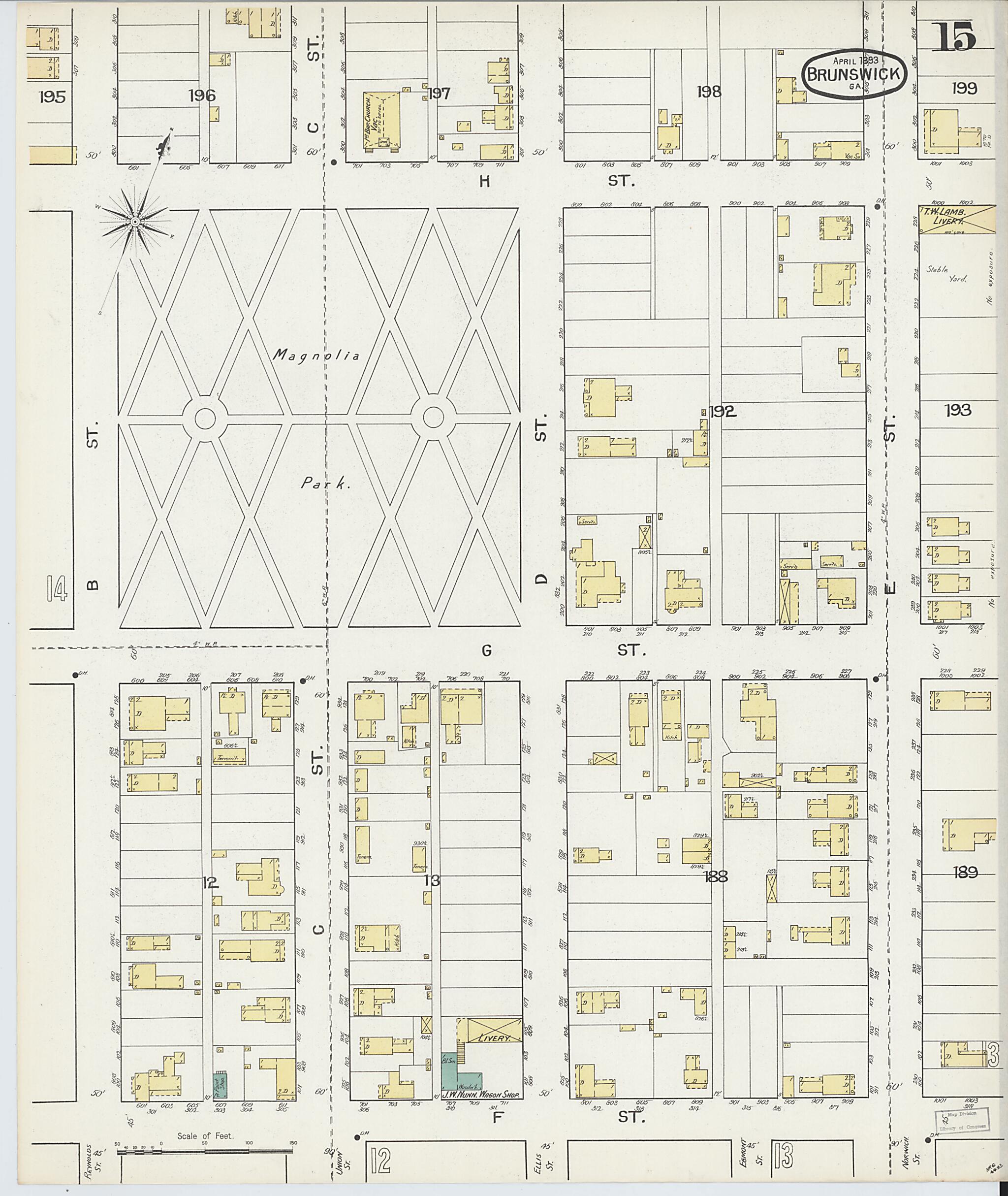 This old map of Brunswick, Glynn County, Georgia was created by Sanborn Map Company in 1893