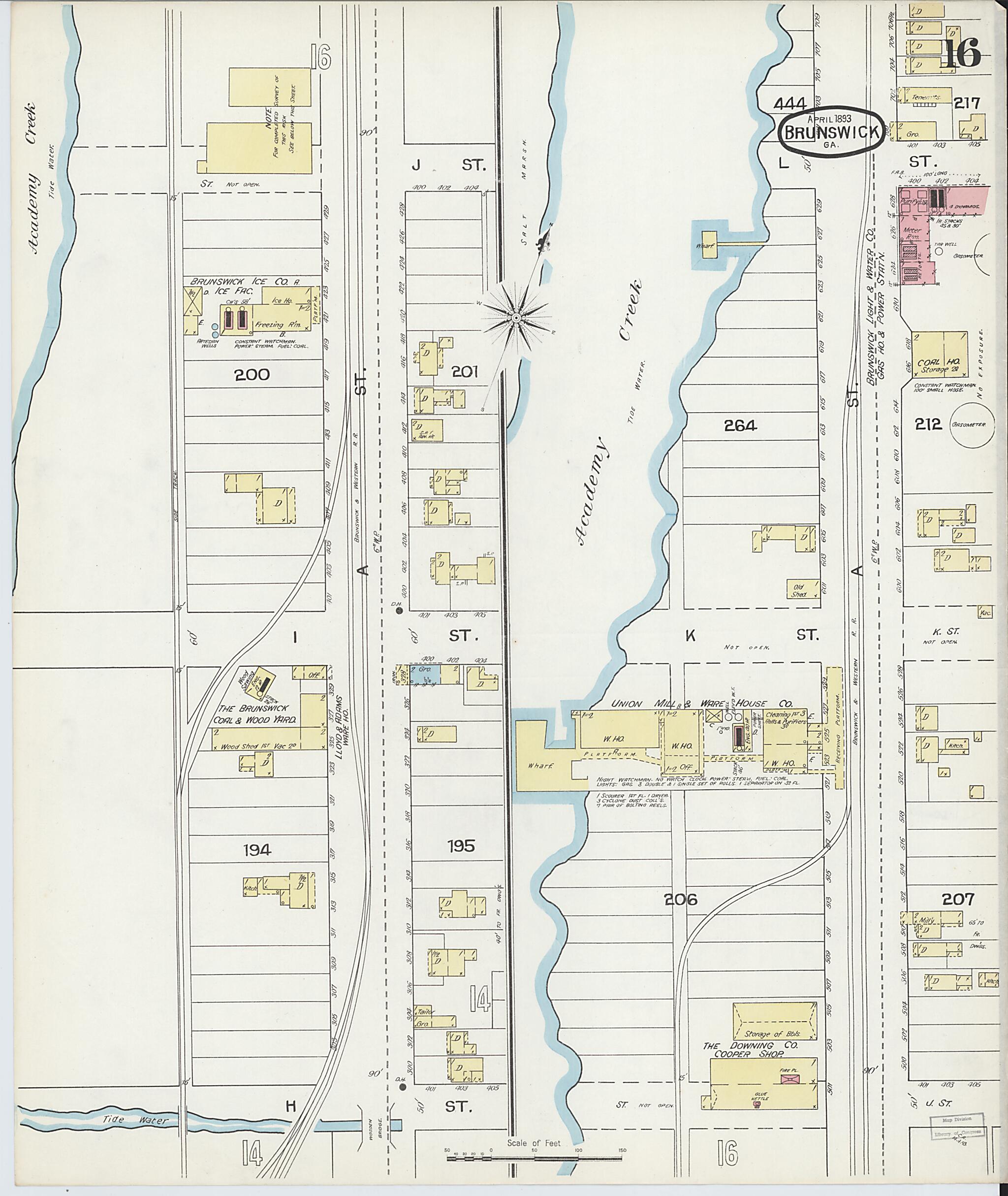 This old map of Brunswick, Glynn County, Georgia was created by Sanborn Map Company in 1893