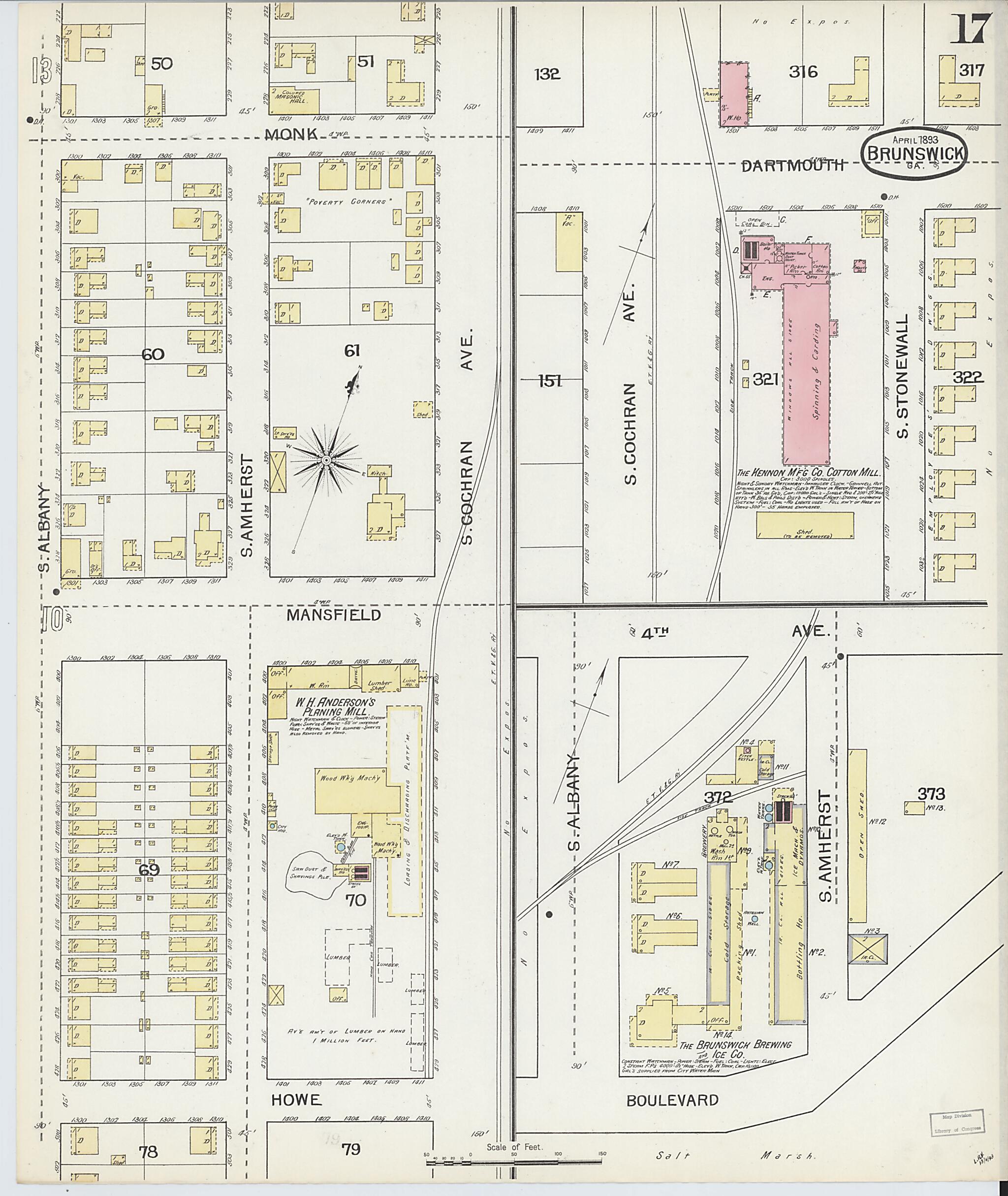 This old map of Brunswick, Glynn County, Georgia was created by Sanborn Map Company in 1893