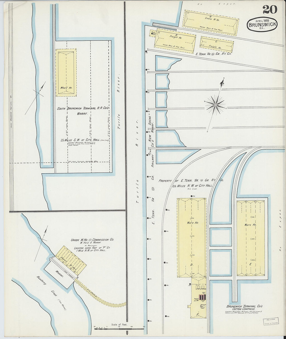 This old map of Brunswick, Glynn County, Georgia was created by Sanborn Map Company in 1893