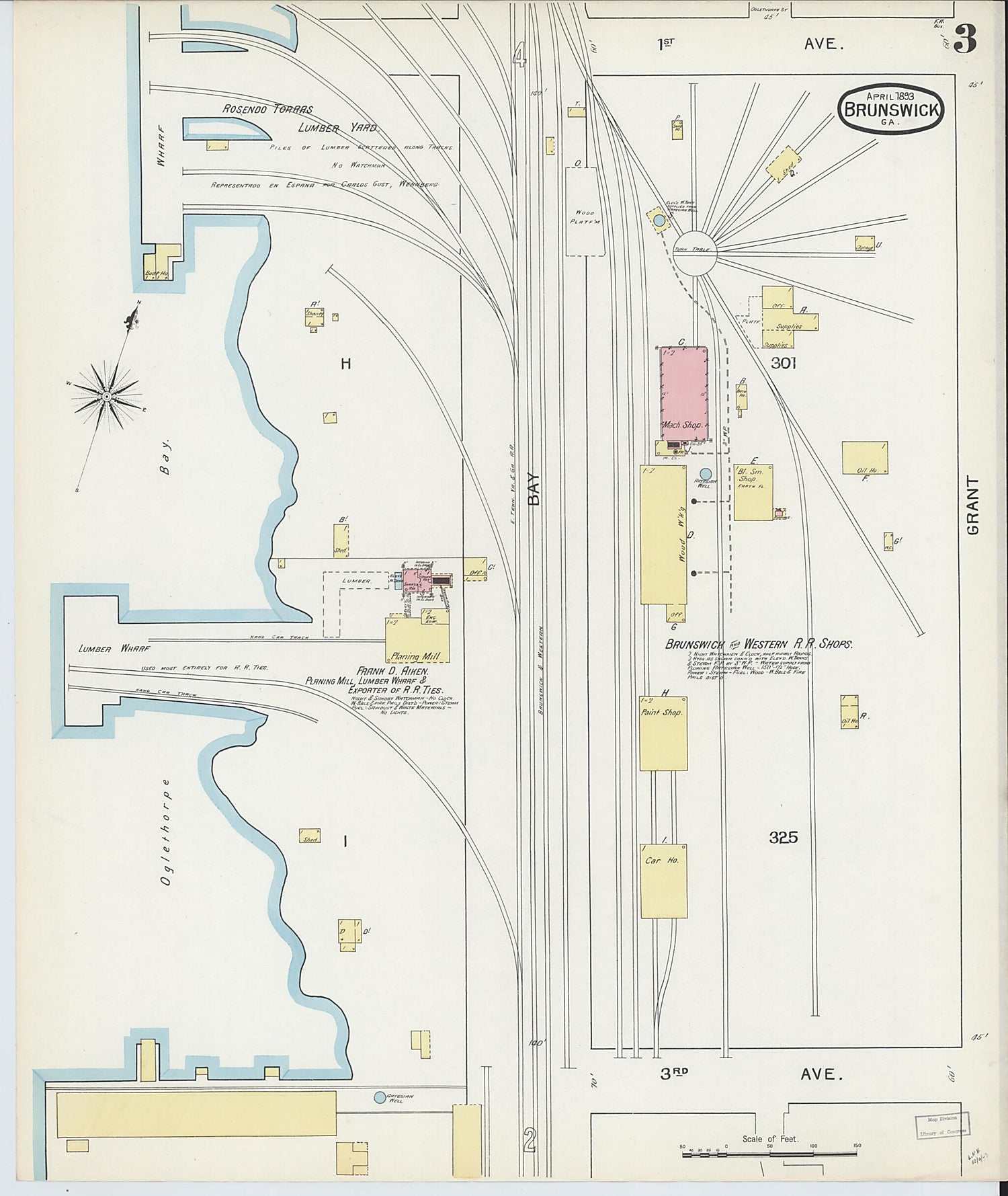 This old map of Brunswick, Glynn County, Georgia was created by Sanborn Map Company in 1893