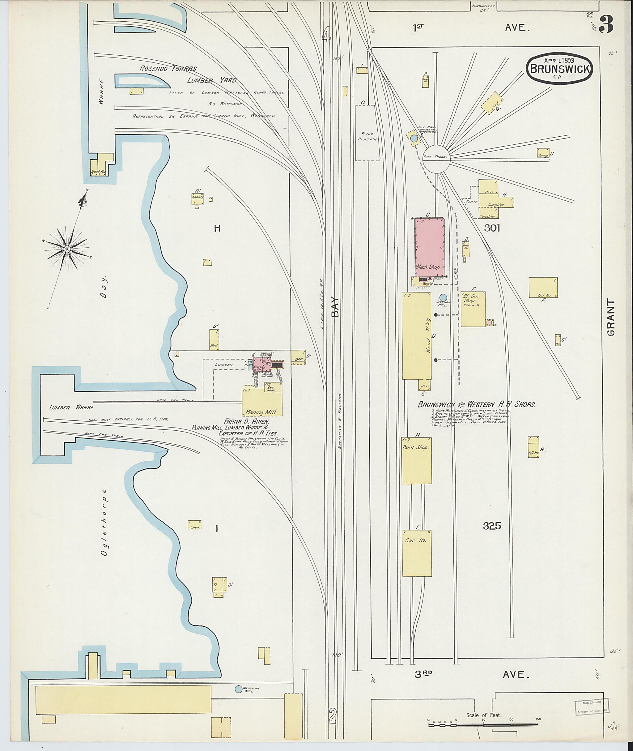 This old map of Brunswick, Glynn County, Georgia was created by Sanborn Map Company in 1893