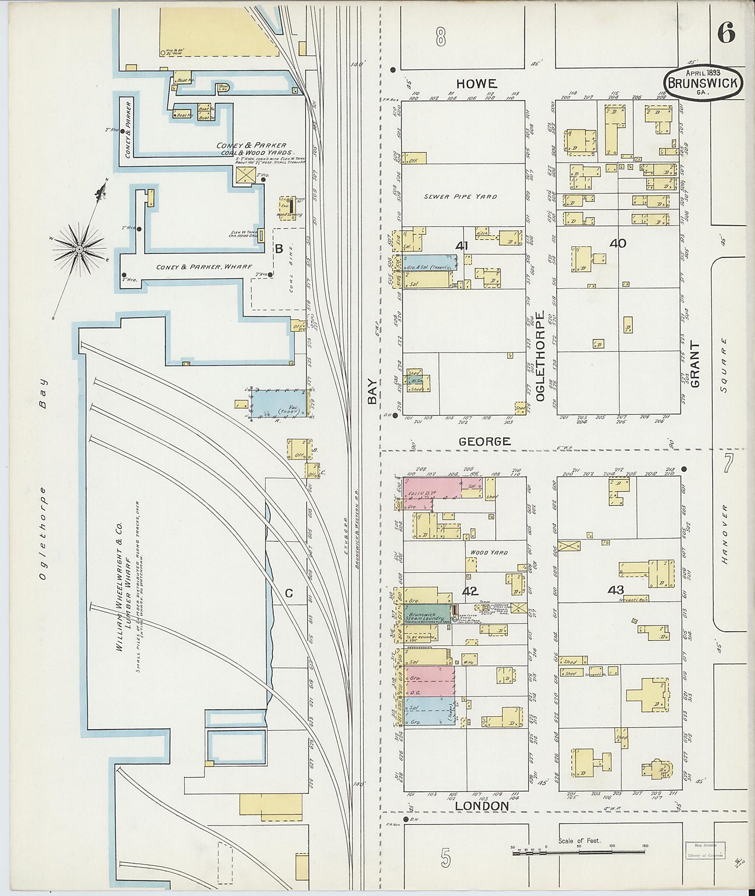 This old map of Brunswick, Glynn County, Georgia was created by Sanborn Map Company in 1893