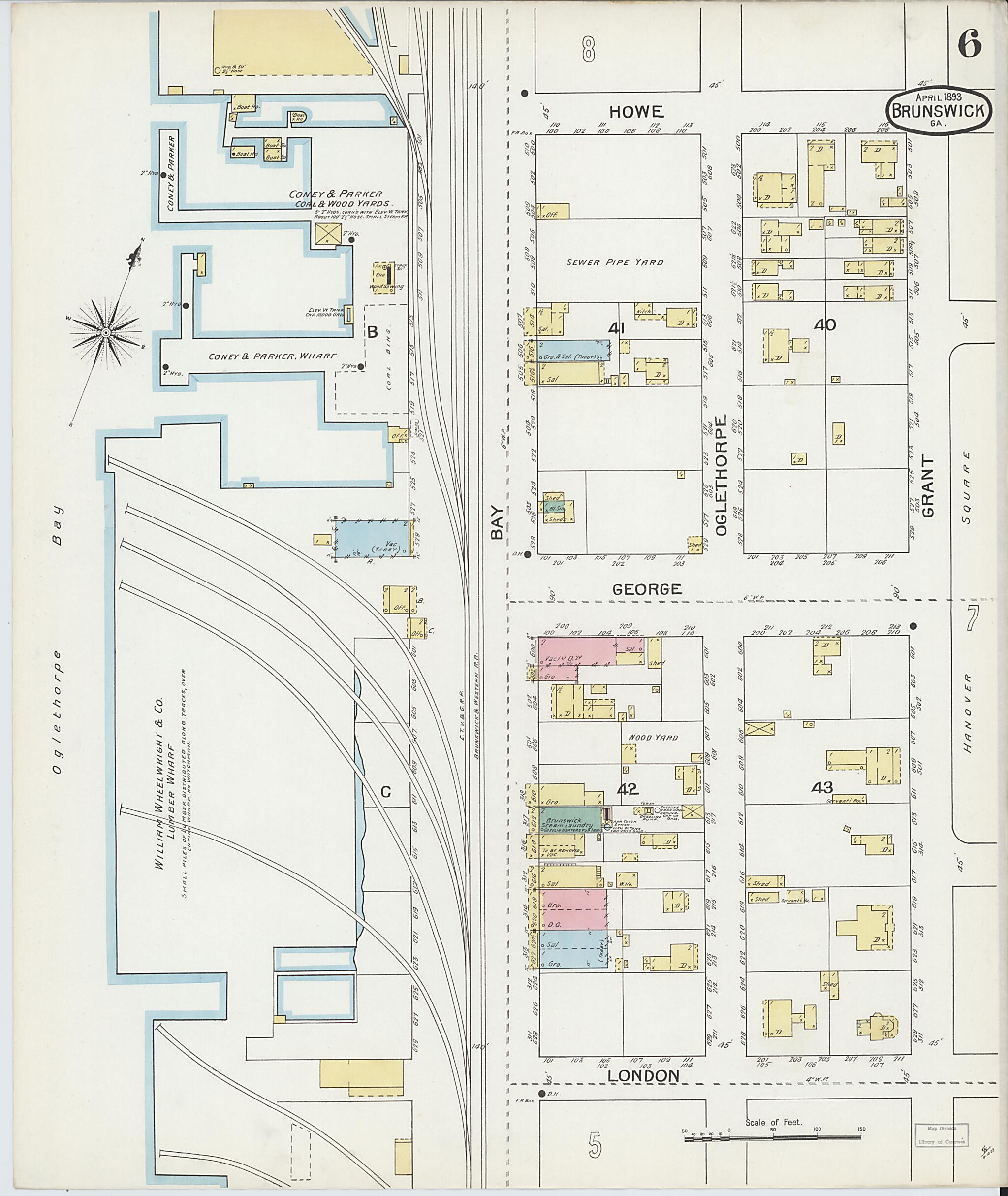 This old map of Brunswick, Glynn County, Georgia was created by Sanborn Map Company in 1893