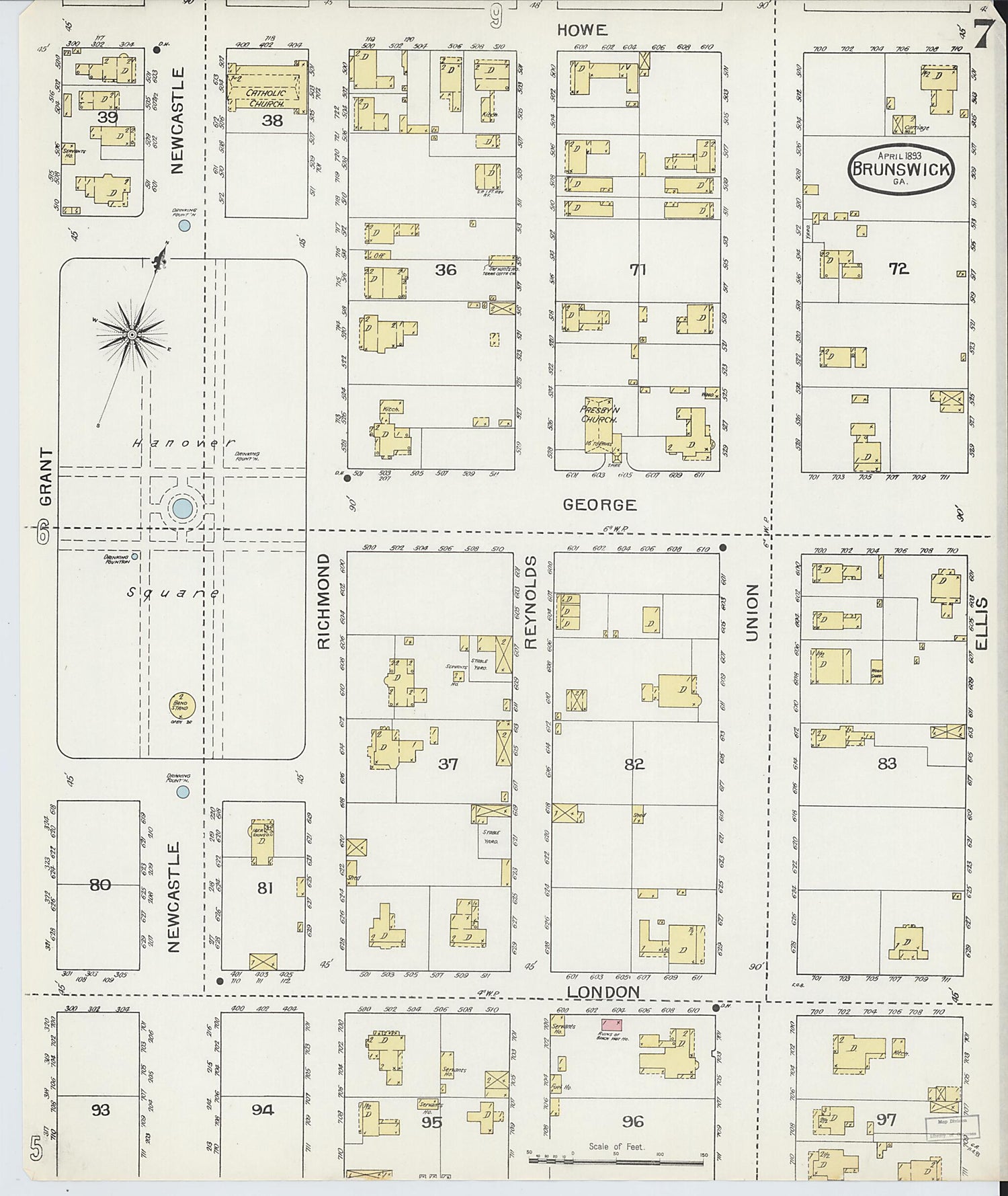 This old map of Brunswick, Glynn County, Georgia was created by Sanborn Map Company in 1893