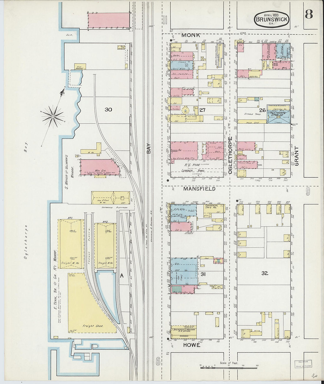 This old map of Brunswick, Glynn County, Georgia was created by Sanborn Map Company in 1893